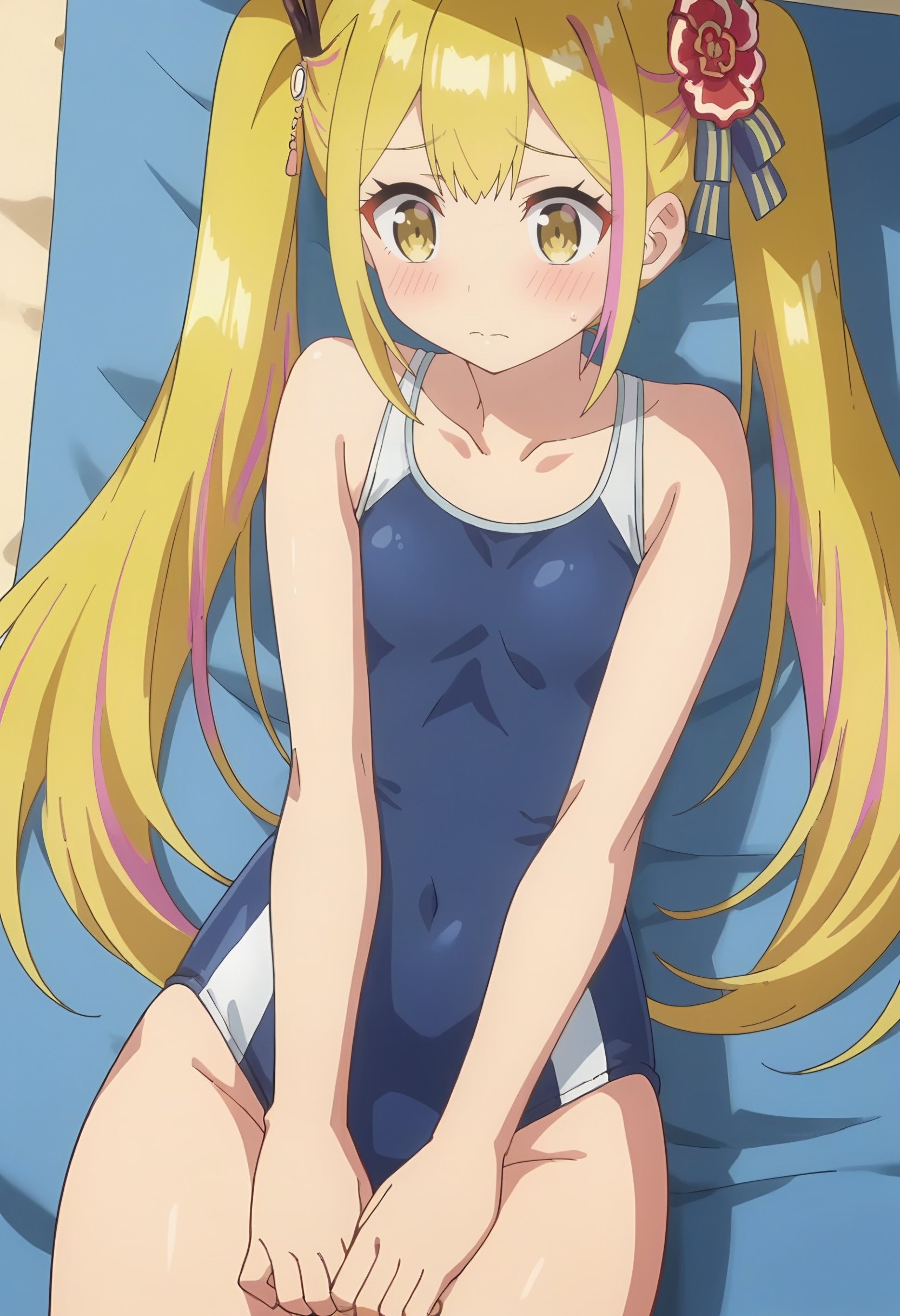 sara de odin, blonde_hair, long_hair, 1girl, multicolored_hair, twintails, streaked_hair, pink_hair, hair_ornament, solo, yellow_eyes, bangs, one-piece swimsuit, shy, covering herself, beach<lora:Sara de Odin:1>, score_9, score_8_up, score_7_up, , anime coloring ,BREAK source_anime, anime