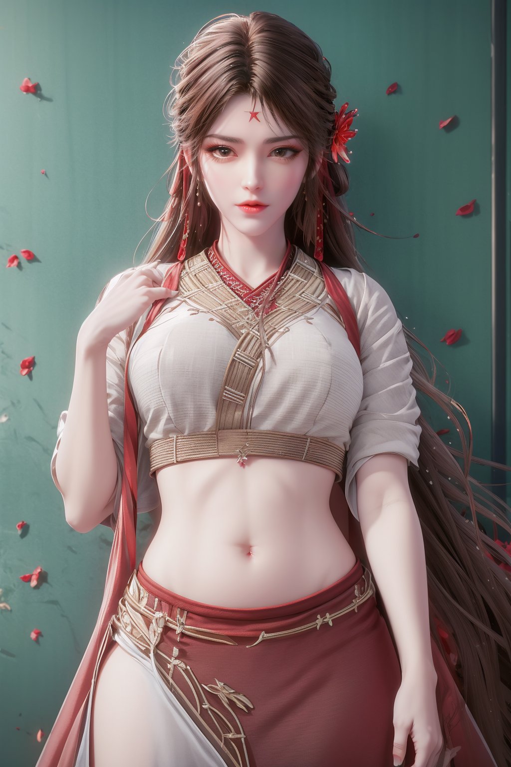 8k,RAW photo,best quality,masterpiece,hatching (texture),skin gloss,light persona,artbook,extremely detailed CG unity 8k wallpaper,official art,(high detailed skin),glossy skin,contrapposto,female focus,sexy,fine fabric emphasis,wall paper,1girl,solo,red_lips,makeup,very long hair,hair ornament,midriff,navel,fate/stay night,(red theme:1.4),depth of field,blue circle,snow,petals,branch,y-hd,s-hd,<lora:0405采桑女64:0.8>,ll-hd,<lora:1111白皙质感:0.5>,ty-hd,<lora:0110田野:0.6>,