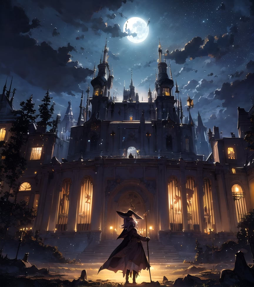 masterpiece, best quality, detailed, illustration, 1girl, solo, fantasy, night sky, outdoors, spells, moon, stars, clouds, wind, hair, cape, hat, boots, broomstick, glowing, witch, magical, perspective, castle, tree, 