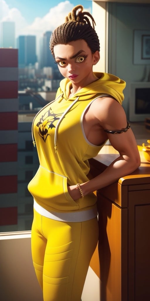 Hyperrealistic, photorealistic, super detailed, (((yellow hoodie))), yellow pants, orangeish black hair, hair is in dreadlocks in a high ponytail style, vivid amber eyes, left eyebrow has what appears to be a slit going through it, beauty mark underneath her right eye, body like in real life, large pores, muscular, brown-skinned, beautiful arms, fingernails are painted with black nail polish, medium breasts, unreal engine, octane render, droped shadow, bokeh, cinematic lighting, <lora:add_detail:0.5>, <lora:Volumetric_lighting:0.6>, , <lora:cc882da8-fed4-404f-a239-f3a7e96e7b73:0.7>