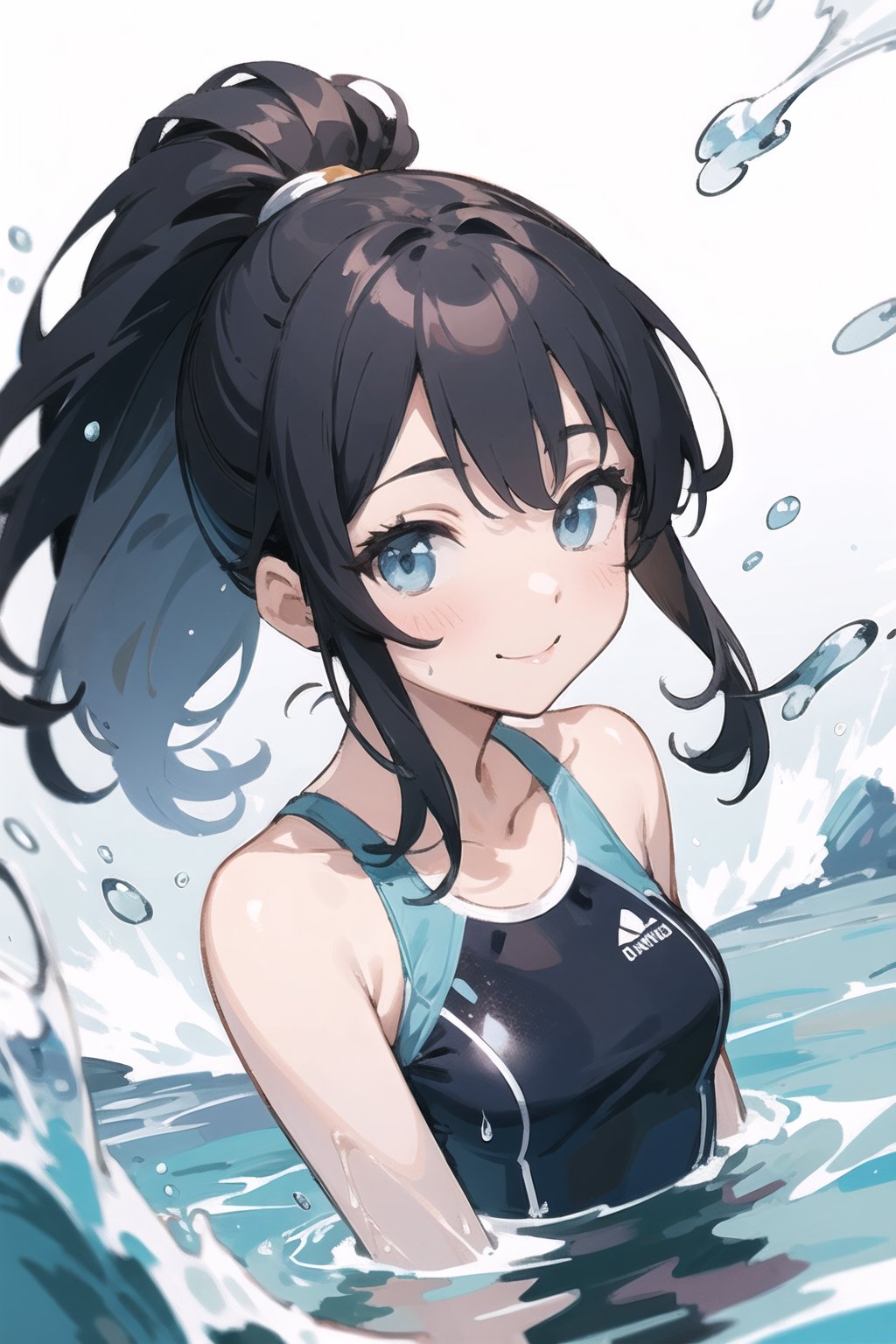 (finely best quality illustration:1.2), (kawaii girl:1.0), (1girl, solo:1.0), (black hair, ponytail:1.0), (swimsuit:1.0), (smile:0.9), (upper body:1.0), (water splash:1.0), (ultra-detailed, highres:1.0),