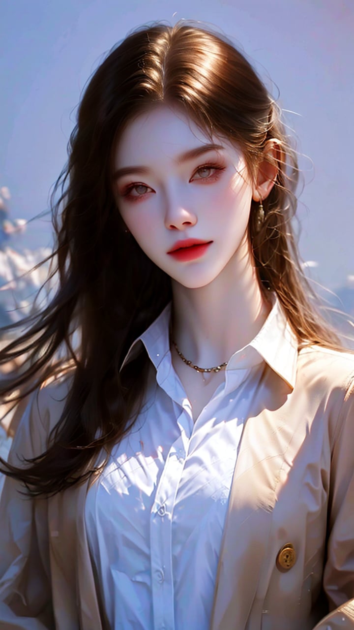 1girl, blurry, blurry_background, brown_eyes, brown_hair, buttons, coat, collared_shirt, depth_of_field, formal, jacket, lips, long_hair, looking_at_viewer, realistic, shirt, smile, solo, suit, upper_body, white_shirt, wing_collar