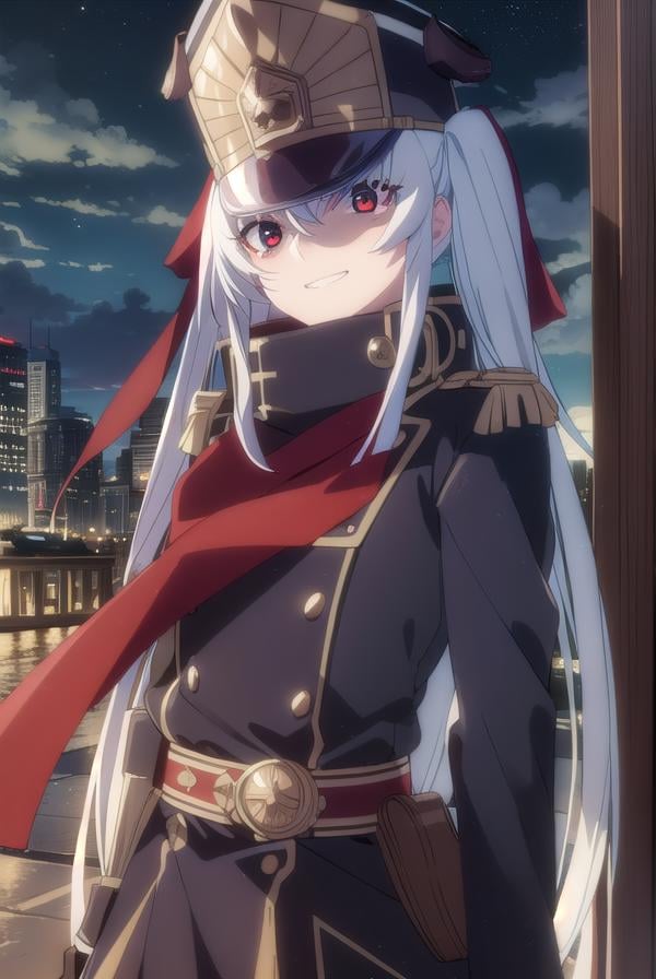 recreatorsaltair, <lora:recreators altair s1-lora-nochekaiser:1>, altair, long hair, (red eyes:1.3), very long hair, white hair, smile, grin,BREAK gloves, hat, uniform, military, military uniform, shako cap,BREAK outdoor, city, night, sky, buildings, moon, clouds,BREAK looking at viewer, (cowboy shot:1.5),BREAK <lyco:GoodHands-beta2:1>, (masterpiece:1.2), best quality, high resolution, unity 8k wallpaper, (illustration:0.8), (beautiful detailed eyes:1.6), extremely detailed face, perfect lighting, extremely detailed CG, (perfect hands, perfect anatomy),