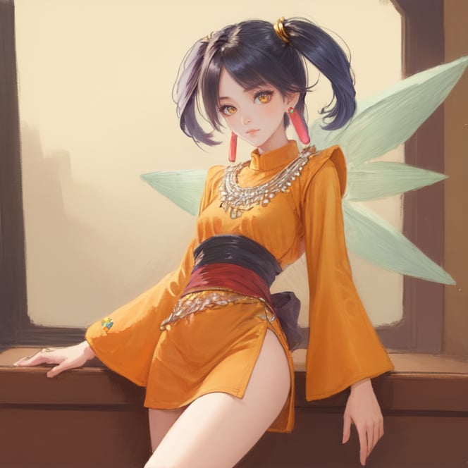 cowboy shot, solo,  <lora:tioGrandia2:0.6> tio_grandia, jewelry, earrings, twintails, yellow eyes, antennae, purple hair, wings, short hair, hair tubes, orange dress, dress, bare legs, short dress, purple brow marks, long sleeves, wide sleeves, gold necklace, sash, bracers, indoors, highres, masterpiece