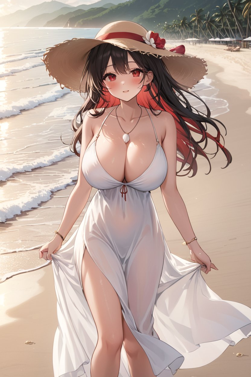 masterpiece, best quality,depth of field,shiny skin,1lady,solo, face focus, BREAK, white flowy maxi dress,wide-brimmed hat,strappy sandals,shell necklace,BREAK,loose beach waves,natural,BREAK,relaxed,carefree,free-spirited,BREAK,beach,resort,outdoor festival,red eyes,huge breasts,<lora:detail:0.6>