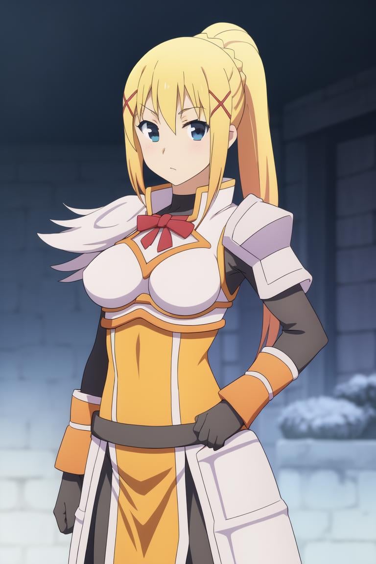 <lora:DarknessV2:0.7>darkness (konosuba),1girl,solo,long hair,breasts,looking at viewer,blonde hair,hair ornament,gloves,ribbon,ponytail,black gloves,armor,x hair ornament,shoulder armor,pauldrons,darkness (konosuba)