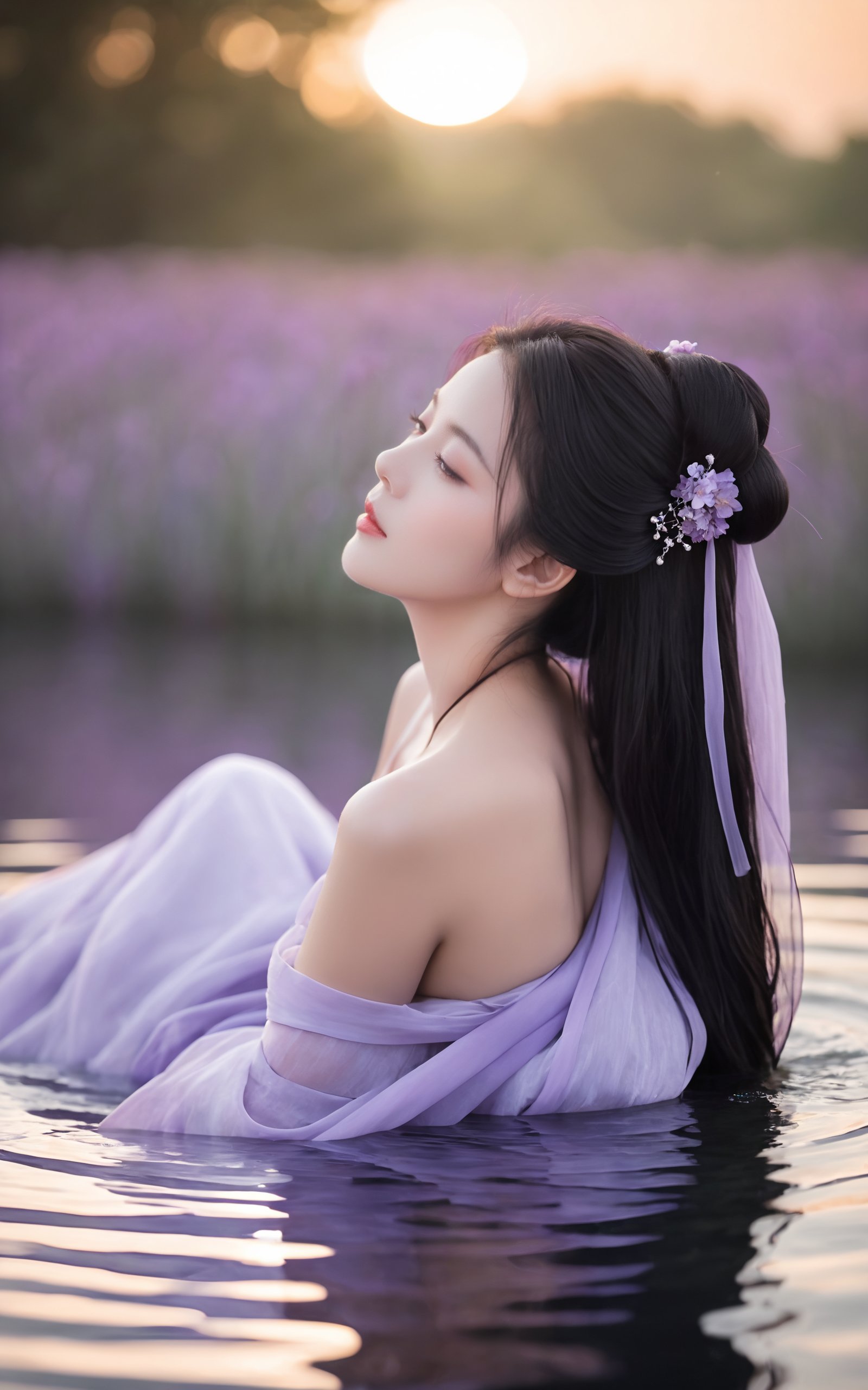 Under the caress of the moon, a woman bathes in a tranquil pool, her Hanfu of lavender a vision of tranquility. The water's gentle lapping against her skin is echoed by the soft mist that rises, creating a veil that obscures yet reveals. The scent of the night mingles with the light fragrance of the lavender, wrapping her in a cocoon of serene sensuality.