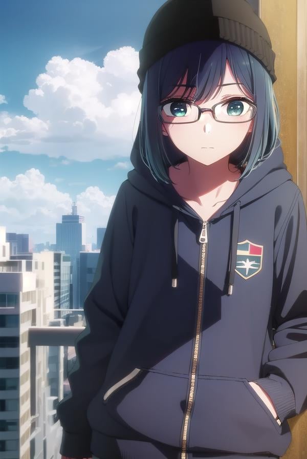 akanekurokawa, <lora:akane kurokawa s1-lora-nochekaiser:1>,akane kurokawa, bangs, (green eyes:1.3), blue hair, medium hair, dark blue hair,BREAK long sleeves, hat, jacket, glasses, hood, black jacket, black headwear, hoodie, hood down, red-framed eyewear, beanie,BREAK outdoors, city, sun, sky, clouds,BREAK looking at viewer, (cowboy shot:1.5),BREAK <lyco:GoodHands-beta2:1>, (masterpiece:1.2), best quality, high resolution, unity 8k wallpaper, (illustration:0.8), (beautiful detailed eyes:1.6), extremely detailed face, perfect lighting, extremely detailed CG, (perfect hands, perfect anatomy),