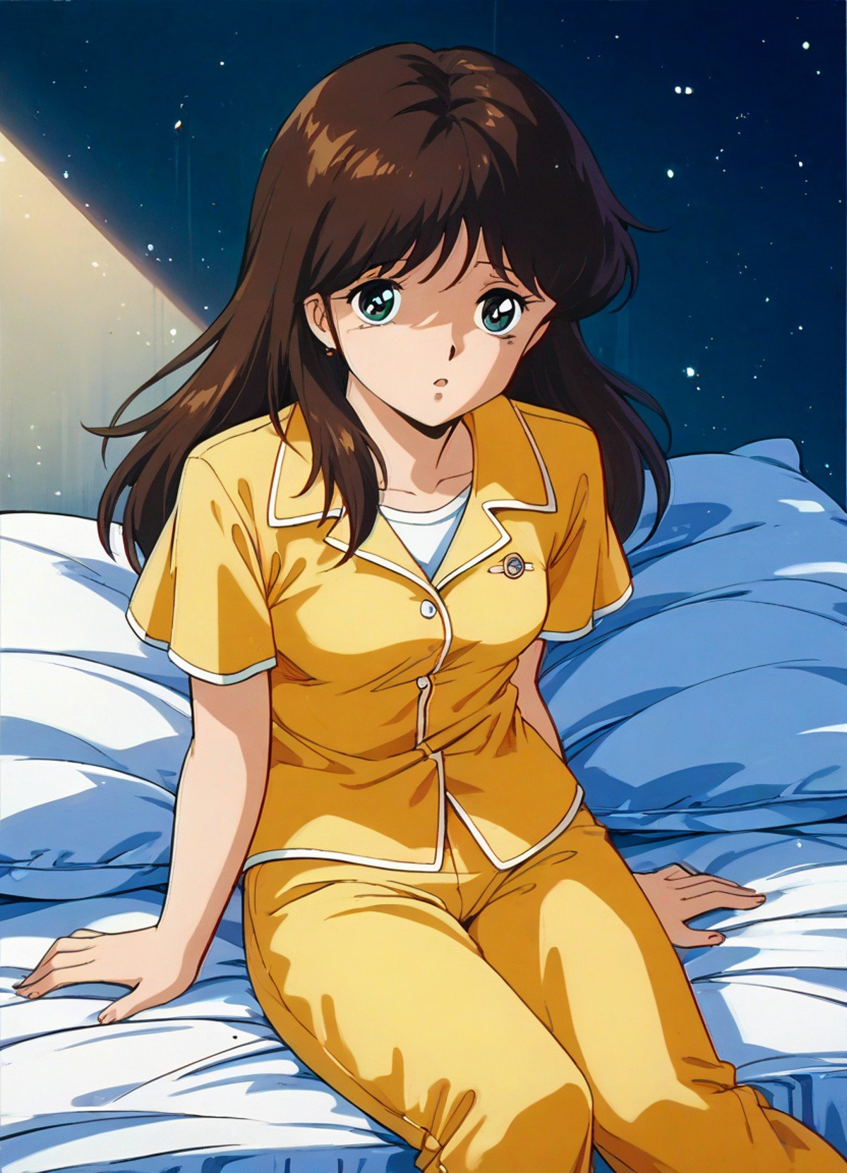 score_9, score_8_up, score_7_up, masterpiece, best quality, very aesthetic, absurdres, official art, official style, anime screencap, megami magazine, zPDXL2, zPDXLxxx, (rating_safe, sfw:1.2), 1990s \(style\), retro artstyle <lora:Cream Lemon Nonomura Ami Pony v1_epoch_10:1.0>, 1girl, solo focus, cream_ami, (medium breasts:1.2), green eyes, BREAK, brown hair, bangs, BREAK, yellow pajamas, <lora:neg4all_bdsqlsz_xl_V91:1.0> <lora:ALTXL_pony_0061_8:2.0>, <lora:Difference_SaturationEbaraPonyCoolTemperatureV2_1e04:1.0>, bedroom, bed sheet, pillow, dim lighting, light particles, detailed background, detailed background,