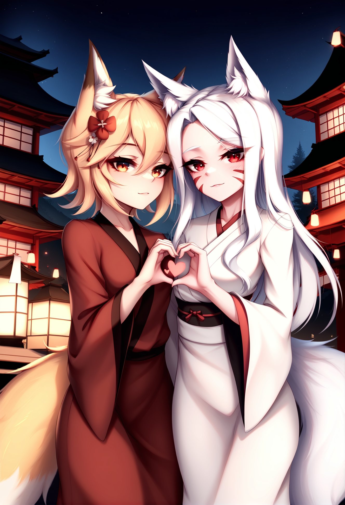 by foxykuro, by kie \(wylee2212\), masterpiece, best quality,2girls, shiro \(sewayaki kitsune no senko-san\), fox girl, fox tail, fox ears, white hair,  whisker markings, red eyes, :3, senko \(sewayaki kitsune no senko-san\), fox girl, fox tail, animal ear fluff, hair flower,both wearing furisode kimono, adult female, heart hands duo, outdoors, dark night,  pagoda, lanterns