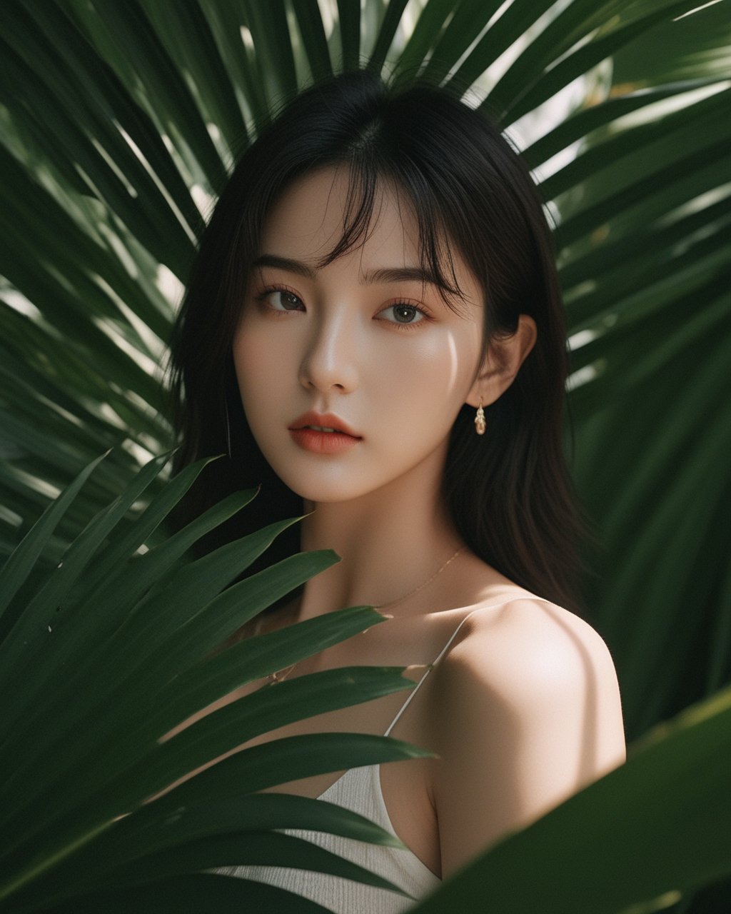 cinematic photo a woman standing in front of a palm leaf, a picture, inspired by Li Fangying, jinyoung shin aesthetic, editorial footage, avatar image, lovely delicate face, beauty retouch, very very very realistic,upper_body, 1girl . 35mm photograph, film, bokeh, professional, 4k, highly detailed