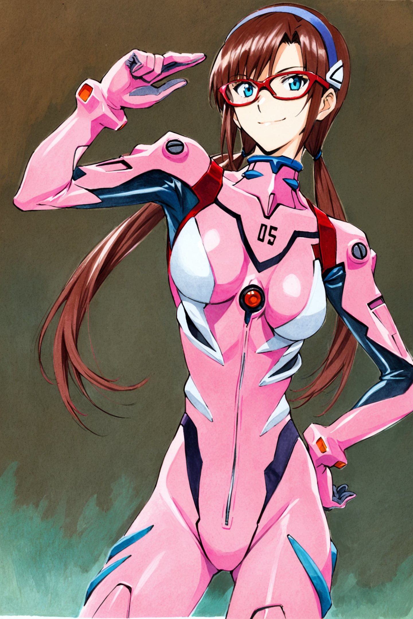 1girl,makinami mari illustrious,plugsuit,solo,glasses,pink bodysuit,bodysuit,long hair,blue eyes,twintails,standing,hand on own hip,brown hair,hairband,adjusting eyewear,smile,red-framed eyewear,traditional media,<lora:Sadamoto Yoshiyuki_XL_V3:0.8>,