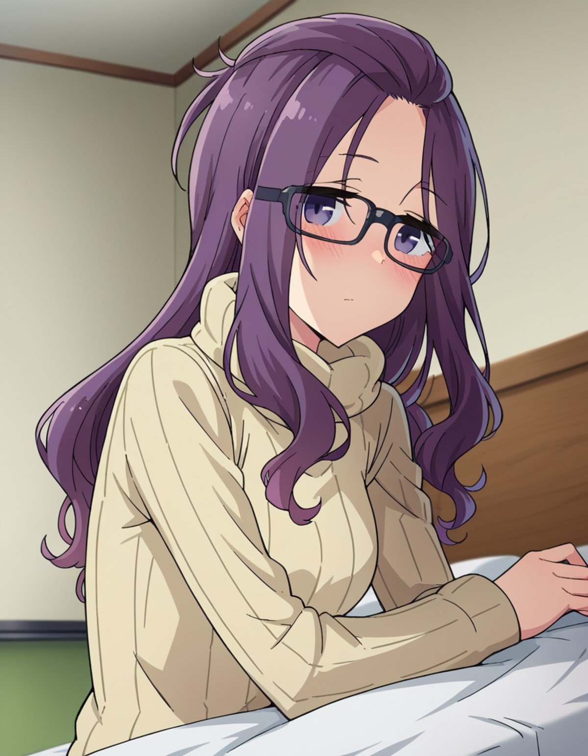 score_9, score_8_up, score_7_up, source_anime,sakurakagamihara, <lora:sakura-kagamihara-s1s2-ponyxl-lora-nochekaiser:1>,sakura kagamihara, long hair, purple eyes, purple hair, glasses, black-framed eyewear, bangs pinned back,long sleeves, sweater, turtleneck, ribbed sweater, turtleneck sweater, pants, denims,indoors, bed, bed room, on side, blush, drunk,looking at viewer, dutch angle, cowboy shot,