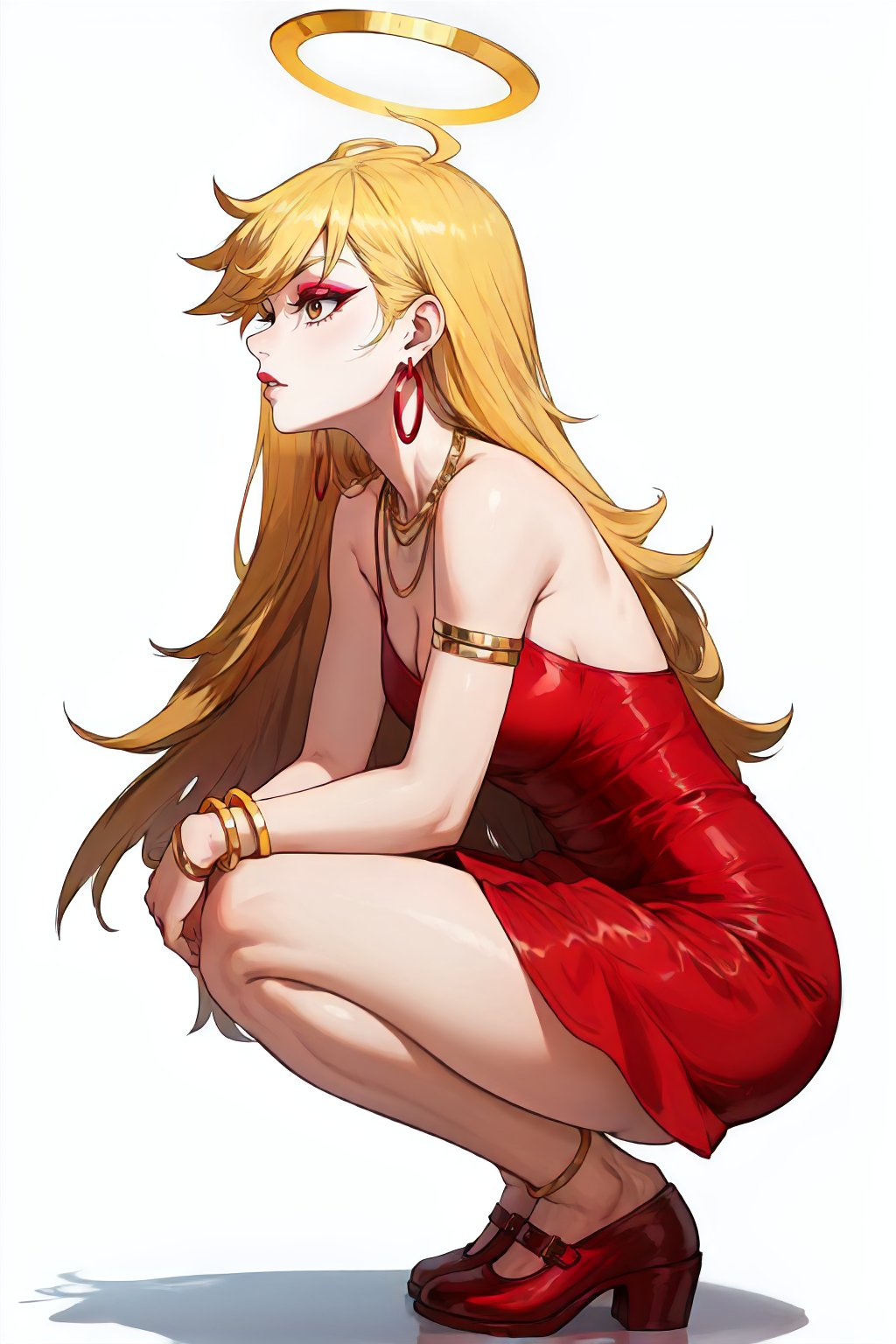 anarchypanty, blonde, long hair, side view, makeup, red dress, earrings, bracelets, halo, necklace, squatting, red dress, red footwear, white background <lora:PSG_Panty-DEF:0.7>, perfect, sharp, masterpiece, detailed, high resolution, best quality,