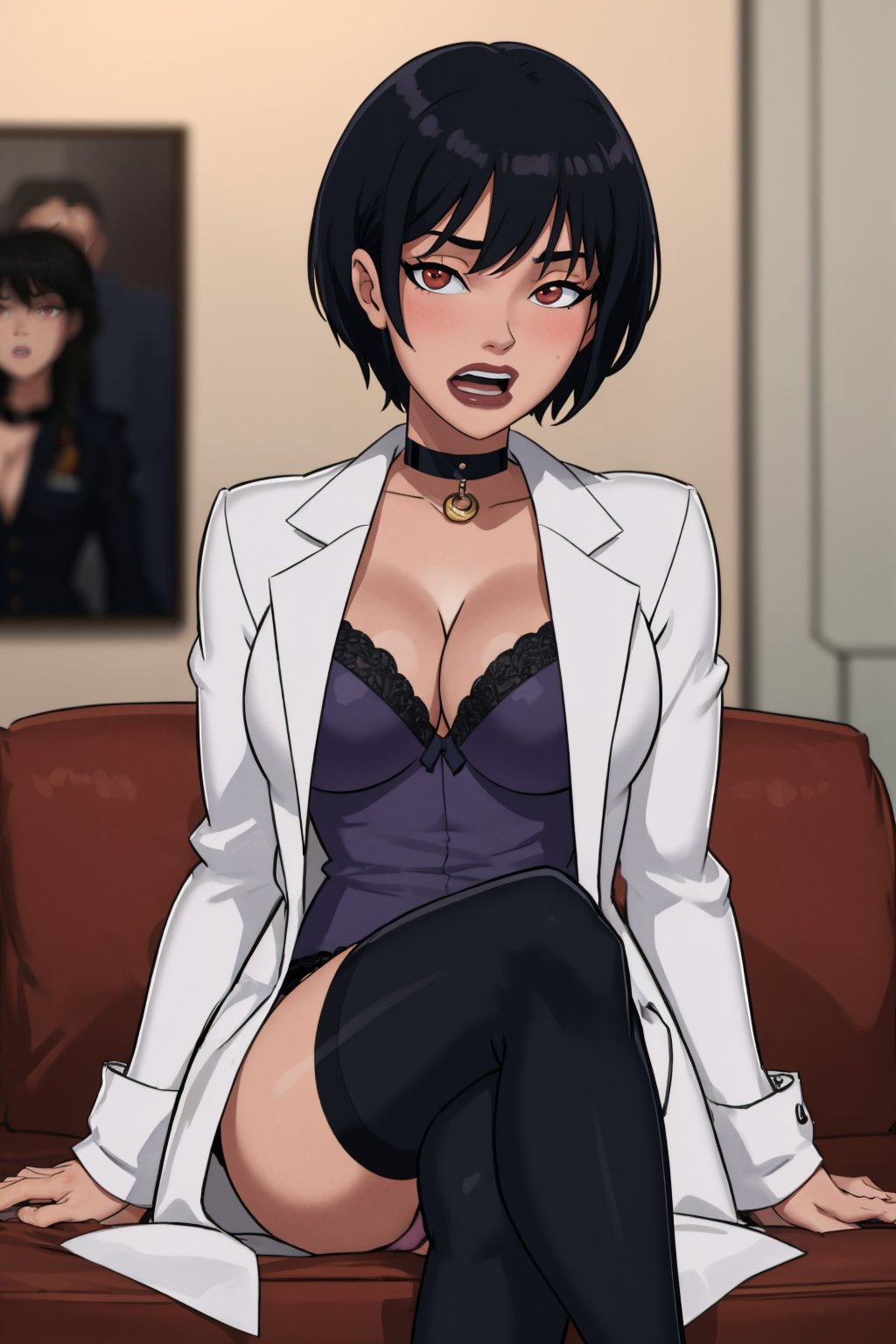 (masterpiece, best quality:1.2),   <lora:somethingunlimited:1>, somethingunlimited, 1girl, breasts, solo, red eyes, sitting, thighhighs, choker, crossed legs, cleavage, underwear, short hair, large breasts, open mouth, black hair, labcoat, looking at viewer, bangs, black choker, blush, thighs, skirt, collarbone, panties, indoors, holding, black thighhighs, white coat, black panties, shirt, pencil skirt, blurry background, bra, blurry