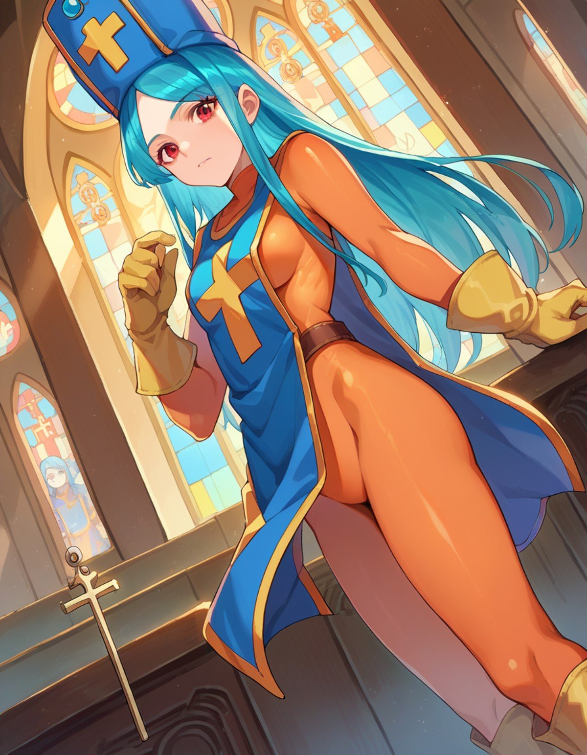 score_9, score_8_up, score_7_up, source_anime,dqpriest, <lora:dq-priest-ponyxl-lora-nochekaiser:1>,priest, aqua hair, blue hair, long hair, red eyes,bodysuit, boots, cross, gloves, hat, mitre, orange bodysuit, tabard,indoors, church,looking at viewer, dutch angle, cowboy shot,