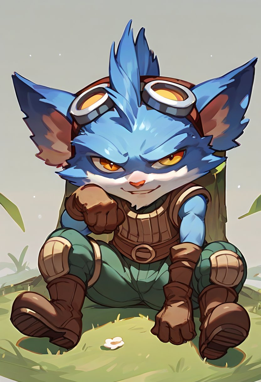 score_9, score_8_up, score_7_up, score_6_up, rumb13, 1boy, yordle, male focus,yellow eyes,glove,goggles, goggles on head, solo,boots, <lora:Rumble_Default_v1-by progress:0.8>, sitting on ground