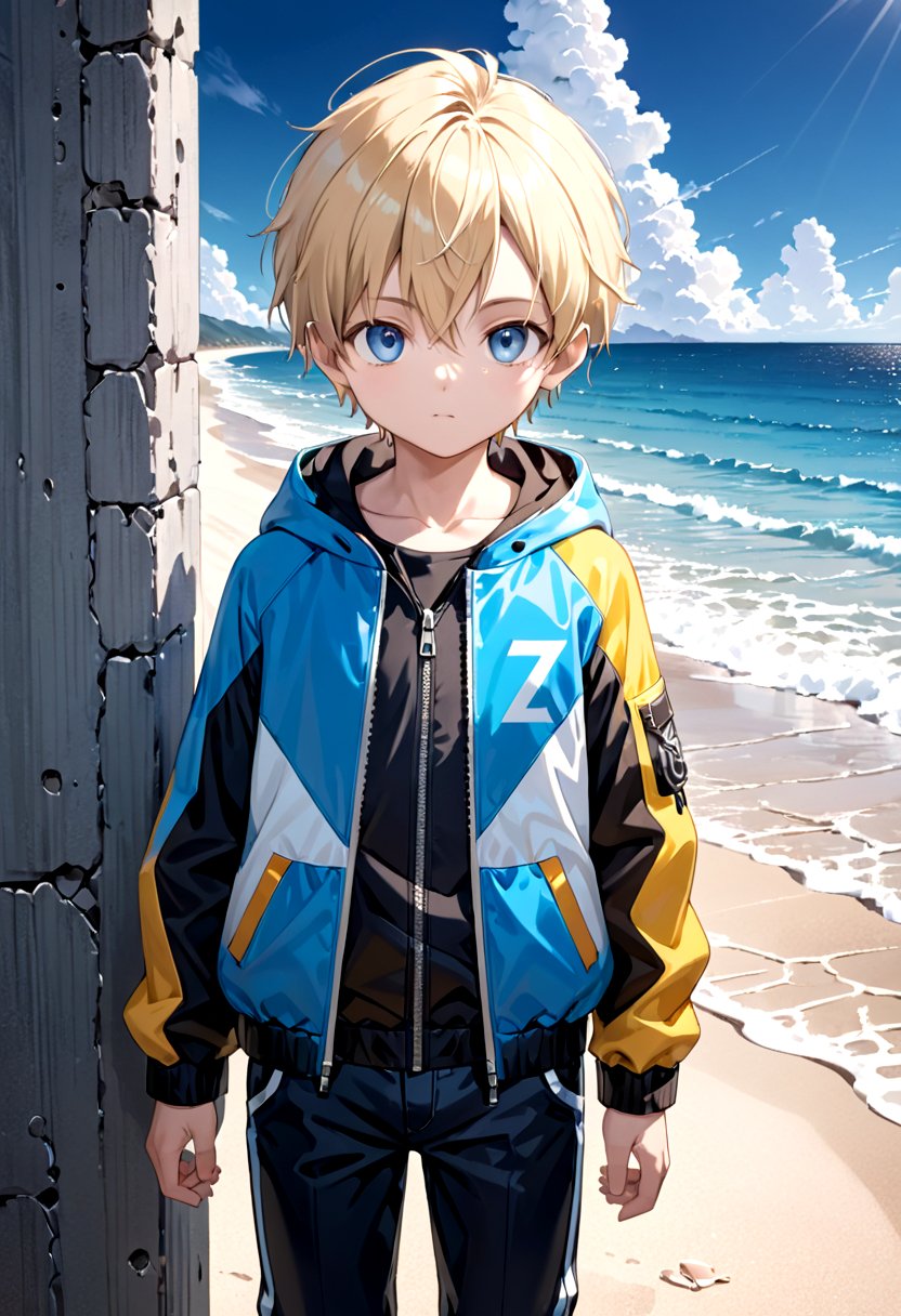 <lora:cacd-xl-base-2:0.6>,sota, solo,looking at viewer,short hair,bangs,blue eyes,blonde hair,long sleeves,1boy,hair between eyes,closed mouth,standing,jacket,male focus,cowboy shot,outdoors,sky,day,pants,cloud,hood,water,blue sky,ocean,beach,black pants,hood down,child,multicolored clothes,zipper,horizon,male child,wall,multicolored jacket,two-tone jacket,(masterpiece:1.2), best quality, high resolution, unity 8k wallpaper, (illustration:0.8), (beautiful detailed eyes:1.6), extremely detailed face, perfect lighting, extremely detailed CG, (perfect anatomy),