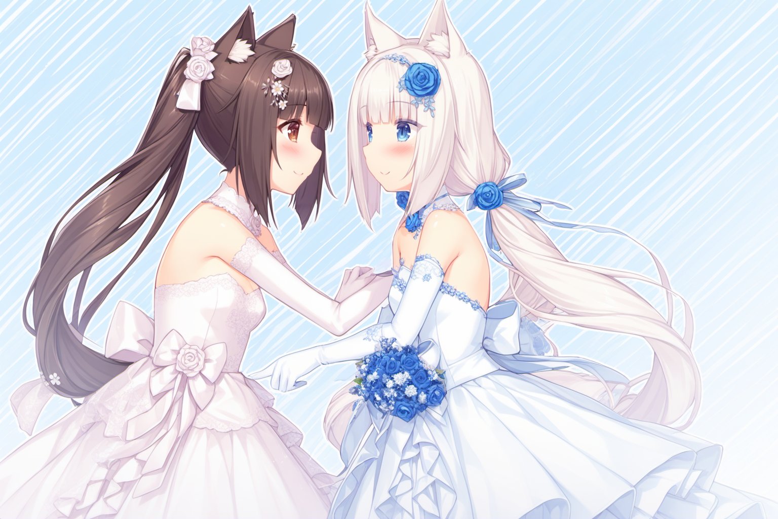 <lora:SDXL-Nekopara-Base-Lora-000002:0.75>,chocola_\(nekopara\),vanilla_\(nekopara\),multiple_girls, nekopara, , gloves, 2girls, dress, flower, animal_ears, cat_ears, tail, long_hair, elbow_gloves, blue_eyes, cat_tail, twintails, bouquet, brown_hair, pantyhose, white_gloves, looking_at_another, wedding_dress, yuri, breasts, hair_ornament, white_dress, bare_shoulders, brown_eyes, small_breasts, eye_contact, very_long_hair, white_hair, rose, ribbon, cat_girl, smile, hair_ribbon, hair_flower, blush, strapless_dress, animal_ear_fluff, blue_flower, striped_background, wife_and_wife, strapless, heart, detached_collar