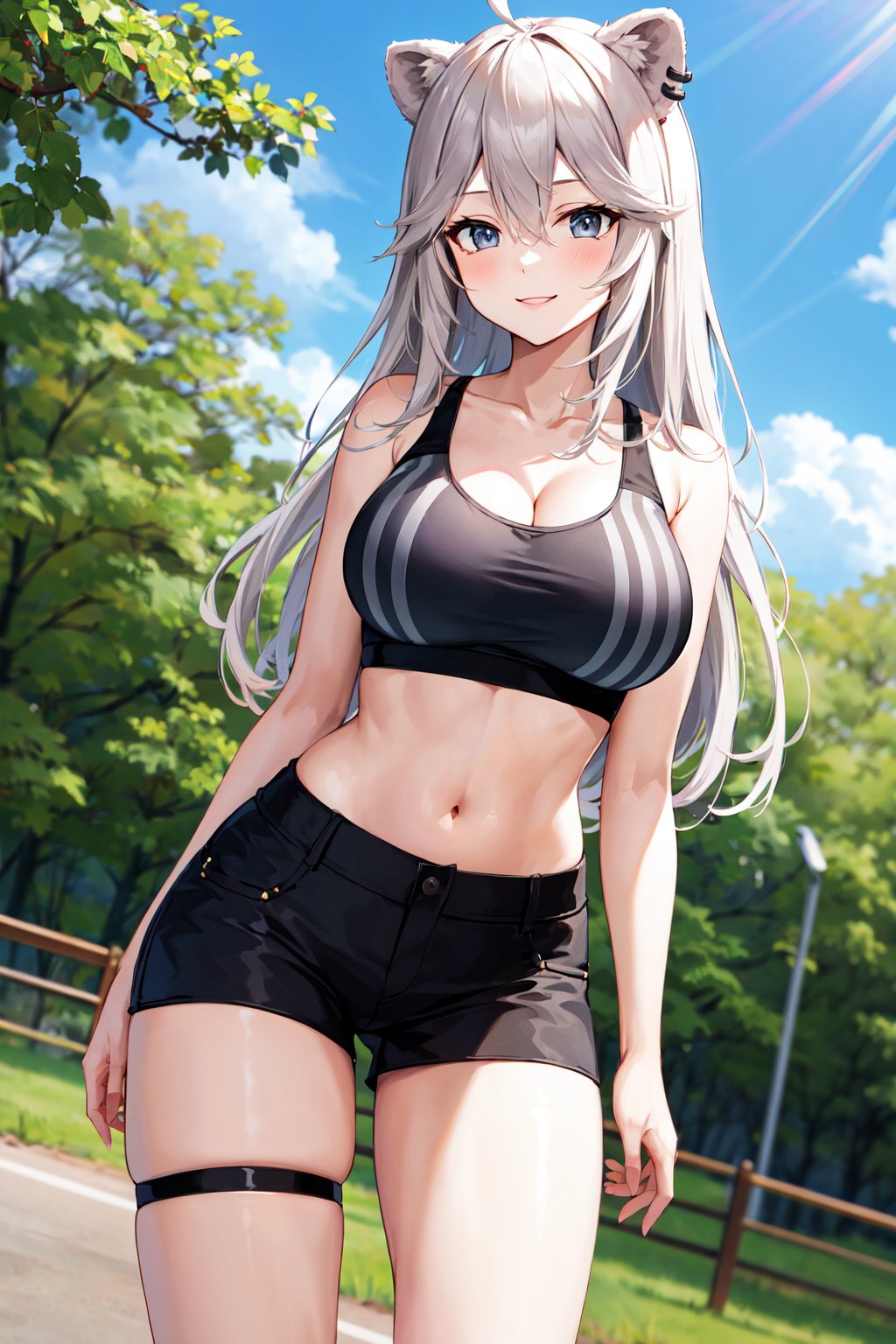 masterpiece, best quality, highres, ddbotan, long hair, ahoge, animal ears, ear piercing, large breasts, collarbone, bare shoulders, cleavage, black sports bra, bare arms, midriff, black shorts, thigh strap, <lora:shishiro_botan_v1:0.7>, standing, cowboy shot, smile, outdoors