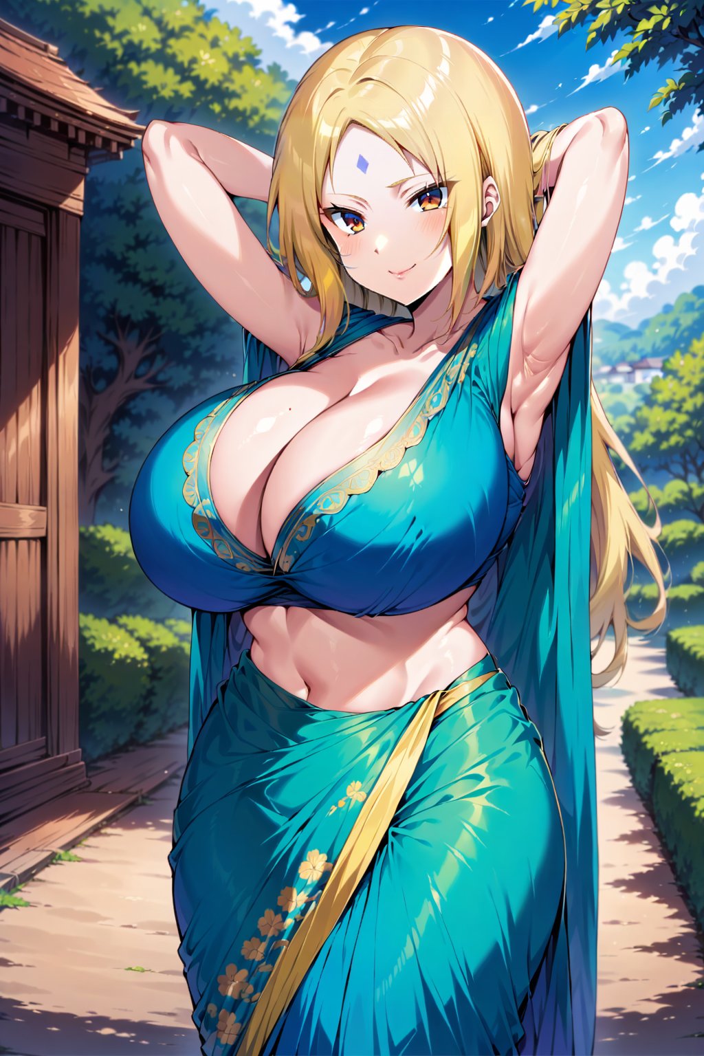 tsunade_senju, naruto)\(series\), ,saree, (yellow and blue saree), blouse, indian dress, indian saree, 1girl, brown eyes, blonde, solo, huge breasts, cleavage, clear image, beautiful artwork, illustration, arms behind head, wide waist, light smile, cowboy shot, standing, blurry background, scenery, blue sky, park, nature, foot out of frame ,saree, indian saree, (saree color)<lora:EMS-346080-EMS:0.900000>