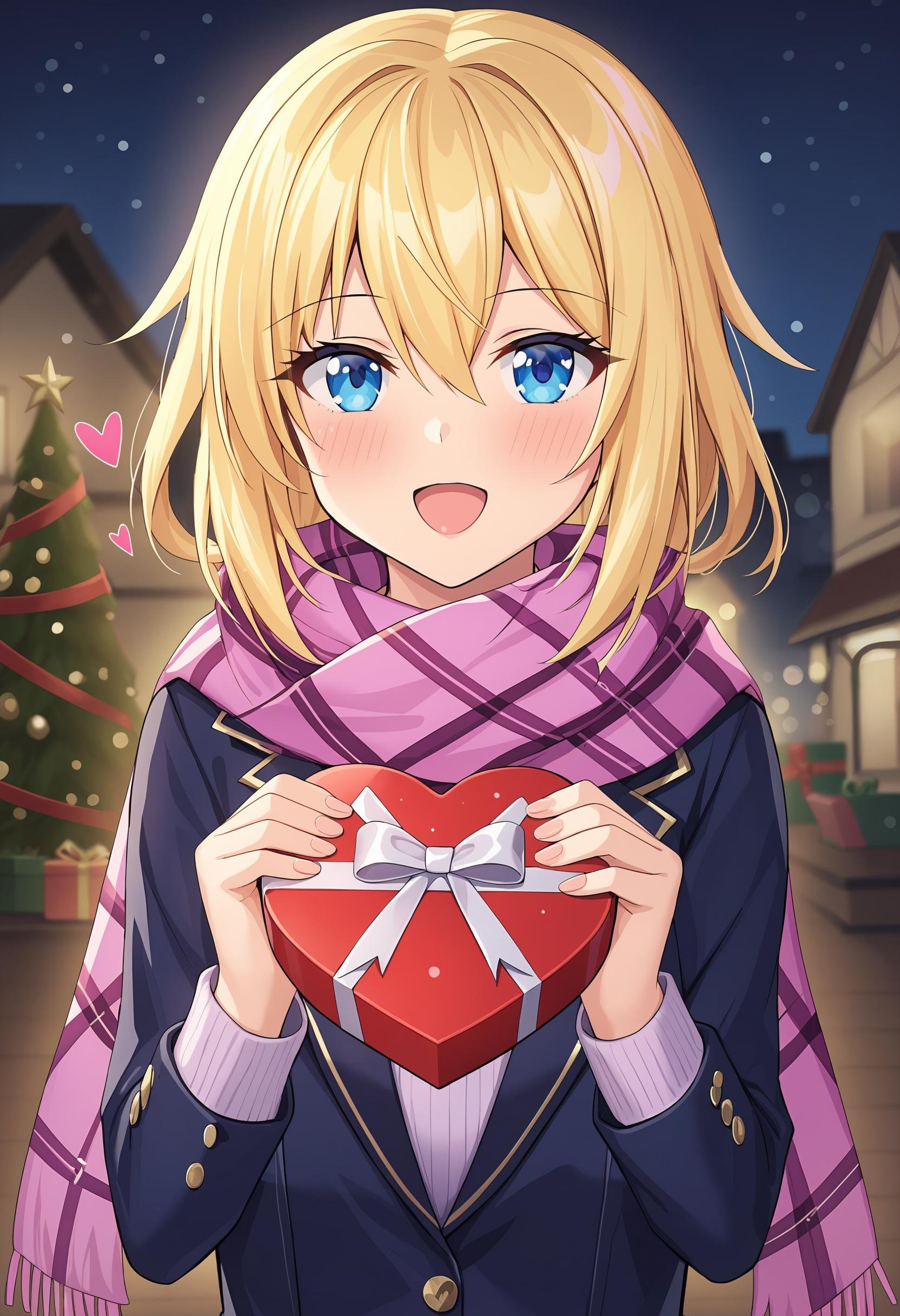 1girl, blonde_hair, blue_eyes, blue_scarf, blurry, blurry_background, blush, box, gift, gift_box, hair_between_eyes, heart, holding, incoming_gift, long_sleeves, looking_at_viewer, night, open_mouth, pink_scarf, plaid_scarf, purple_scarf, scarf, solo, upper_body, valentine