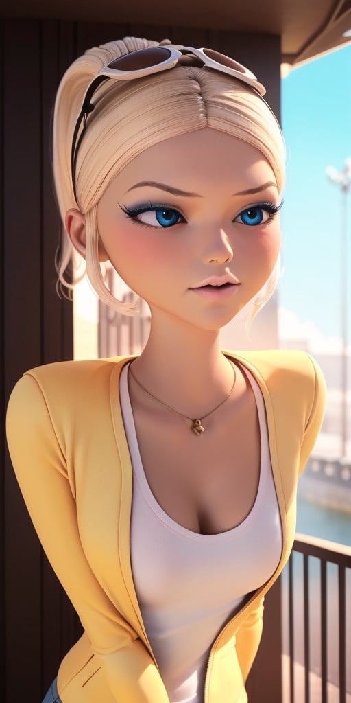 Hyperrealistic, photorealistic, super detailed, (unbuttoned yellow jacket), (white T-shirt), white jeans, expressive brilliant cobalt blue eyes, perfect face, pale pink lips, light honey blonde hair, hair parted in the middle while pulled back into a high ponytail held in place by a white hair tie, pale light grayish cerulean eye-shadow, light scarlet blush, pale, light pink lipgloss, body like in real life, large pores, fair skin, slender, beautiful arms, very little very flat breasts, unreal engine, octane render, droped shadow, bokeh, cinematic lighting, <lora:add_detail:0.5>, <lora:Volumetric_lighting:0.6>, Chloe Bourgeois, , <lora:a24b2644-9452-483e-9fb6-638ba1ae90ac:0.7>