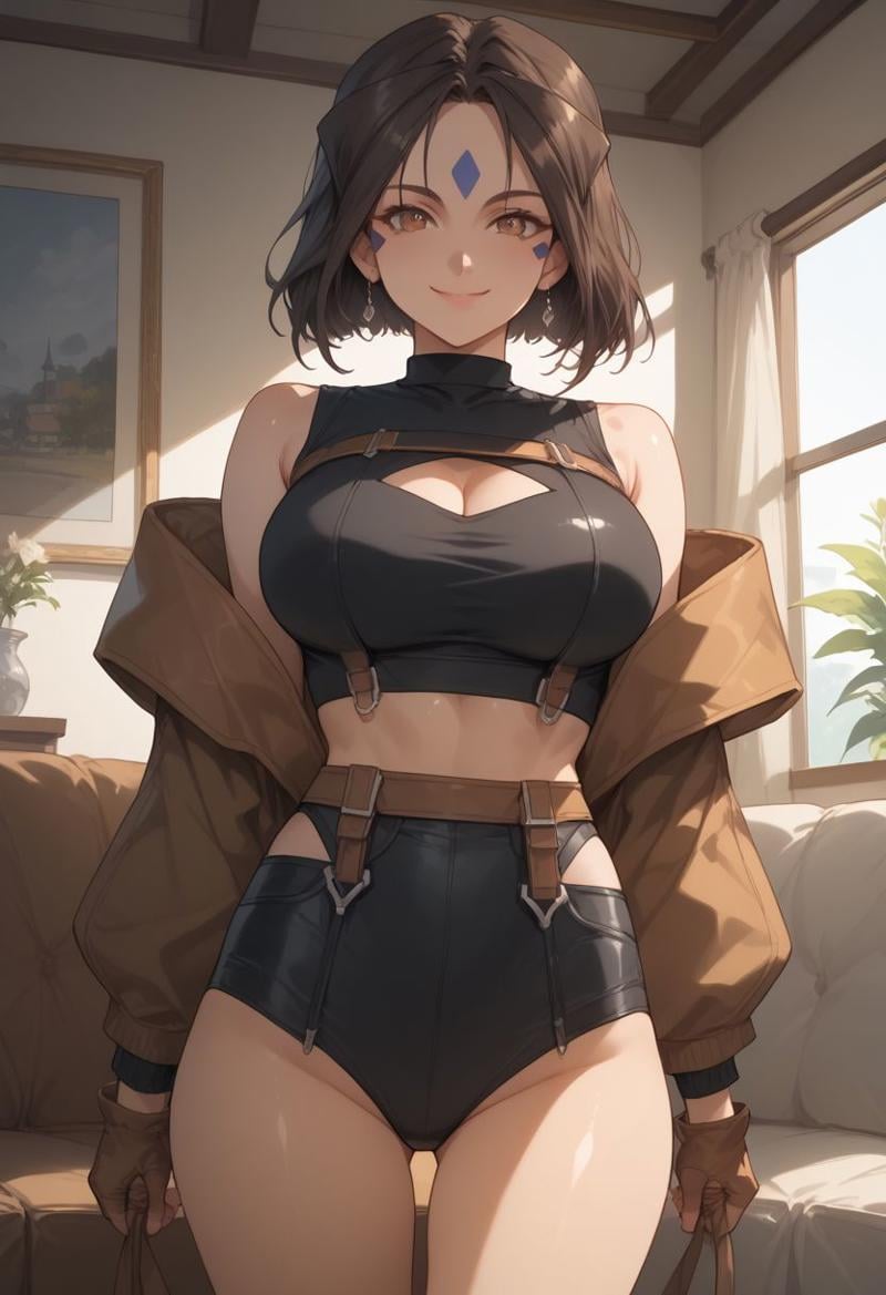 score_9, score_8_up, score_7_up, score_6_up, masterpiece, ultra detailed, best quality, source_anime, Expressiveh, BREAK, Peorth, bob cut with low ponytail, 1girl, smile, large breasts, black crop top, black short shorts, brown boots, clothing cutout, brown fingerless gloves, living room, day, shiny clothes, portrait,(detailed face, detailed eyes)