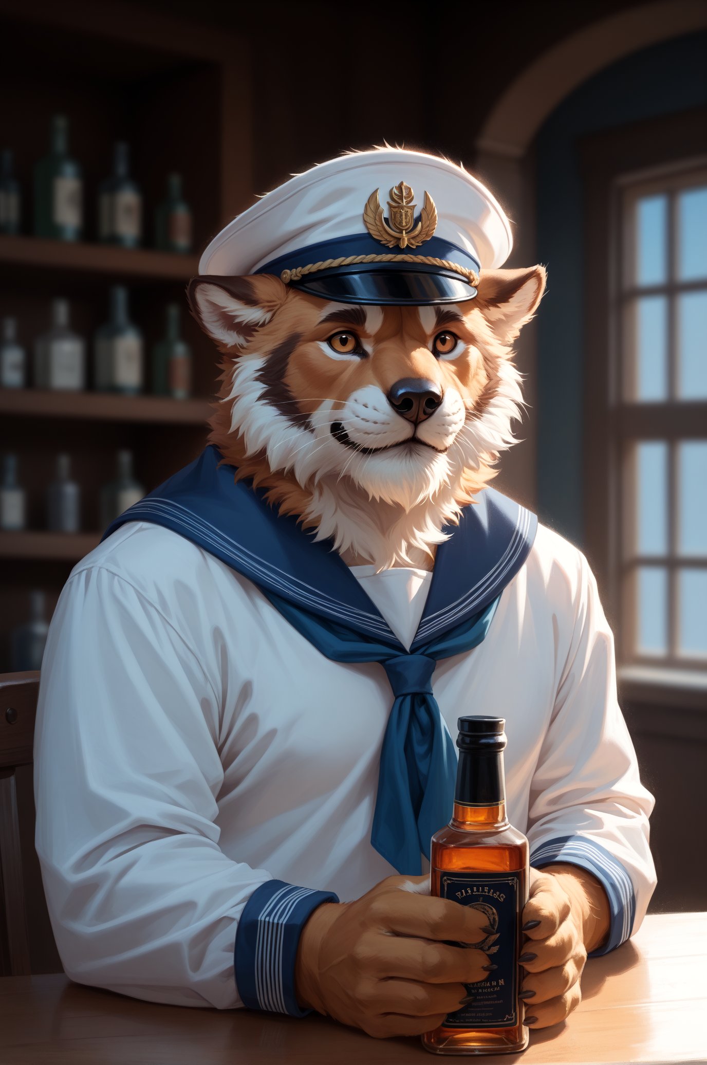 score_9,score_8_up,score_7_up,score_6_up,(furry),(kemono),high quality,tail,rating_explicit,embedding:zPDXL3 BREAK male furry,perfect anatomy,,solo, solo focus,very hairy, ((Sailor hat,open Sailor Suit)),Rugged scruffy weathered old sailor, a portrait of a seaman with a rugged, ships captain, thick beard, capturing a slightly befuddled expression, he is sitting at the table next to him there is a bottle of whiskey, focus is on his facial expressions and the subtle details like the texture of his long beard and the glint in his eyes, cozy, moody cinematic atmosphere, soft cinematic light, RAW photo, dreamy soft focus, detailed photo, gorgeous, shallow depth of field, bokeh, volumetric lighting, iridescent skin, (surreal:0.4), hyper detailed photorealistic life-like accurate proportional 8k sharp focus, (accurate cinematic lighting),