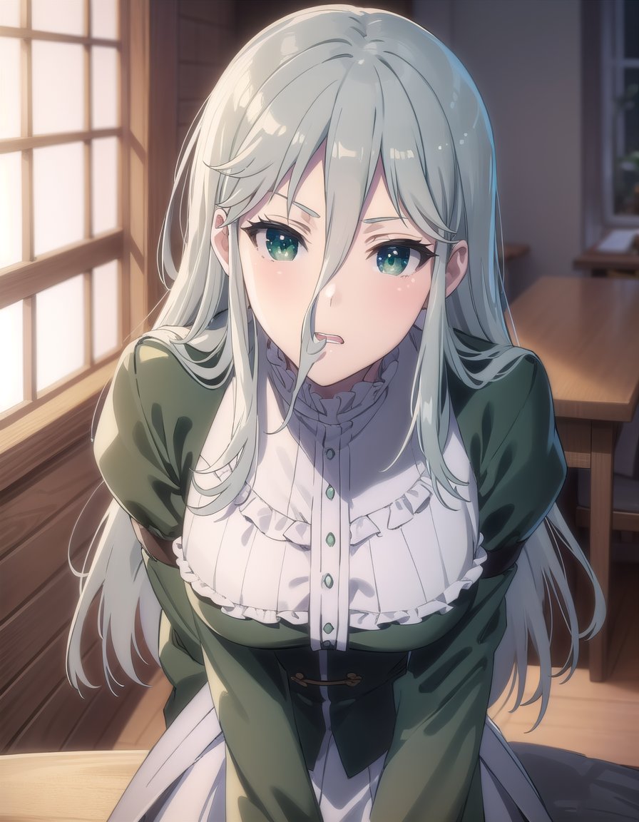 gekkosenko, <lora:sk gekko senko s1-lora-nochekaiser:1>,senko, long hair, hair between eyes, (green eyes:1.3), grey hair,BREAK bow, school uniform, serafuku, long sleeves, puffy sleeves, grey serafuku,BREAK indoors, classroom,BREAK looking at viewer, (cowboy shot:1.5),BREAK <lyco:GoodHands-beta2:1>, (masterpiece:1.2), best quality, high resolution, unity 8k wallpaper, (illustration:0.8), (beautiful detailed eyes:1.6), extremely detailed face, perfect lighting, extremely detailed CG, (perfect hands, perfect anatomy),