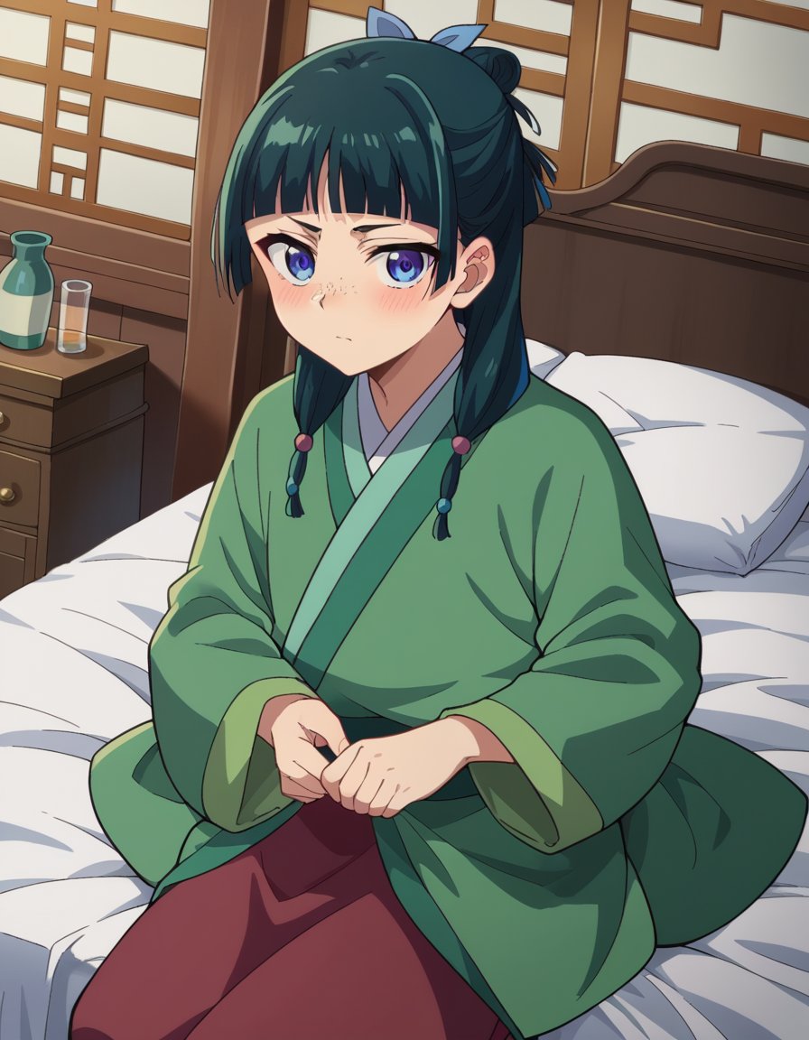 score_9, score_8_up, score_7_up, source_anime,maomao, <lora:kusuriya-maomao-s1-ponyxl-lora-nochekaiser:1>,maomao, long hair, bangs, blue eyes, hair ornament, green hair, blunt bangs, freckles, hair bun, single hair bun,japanese clothes, robe, green robe, long sleeves, wide sleeves, skirt, red skirt,indoors, bed, bed room, on side, blush, drunk,looking at viewer, cowboy shot, dutch angle,