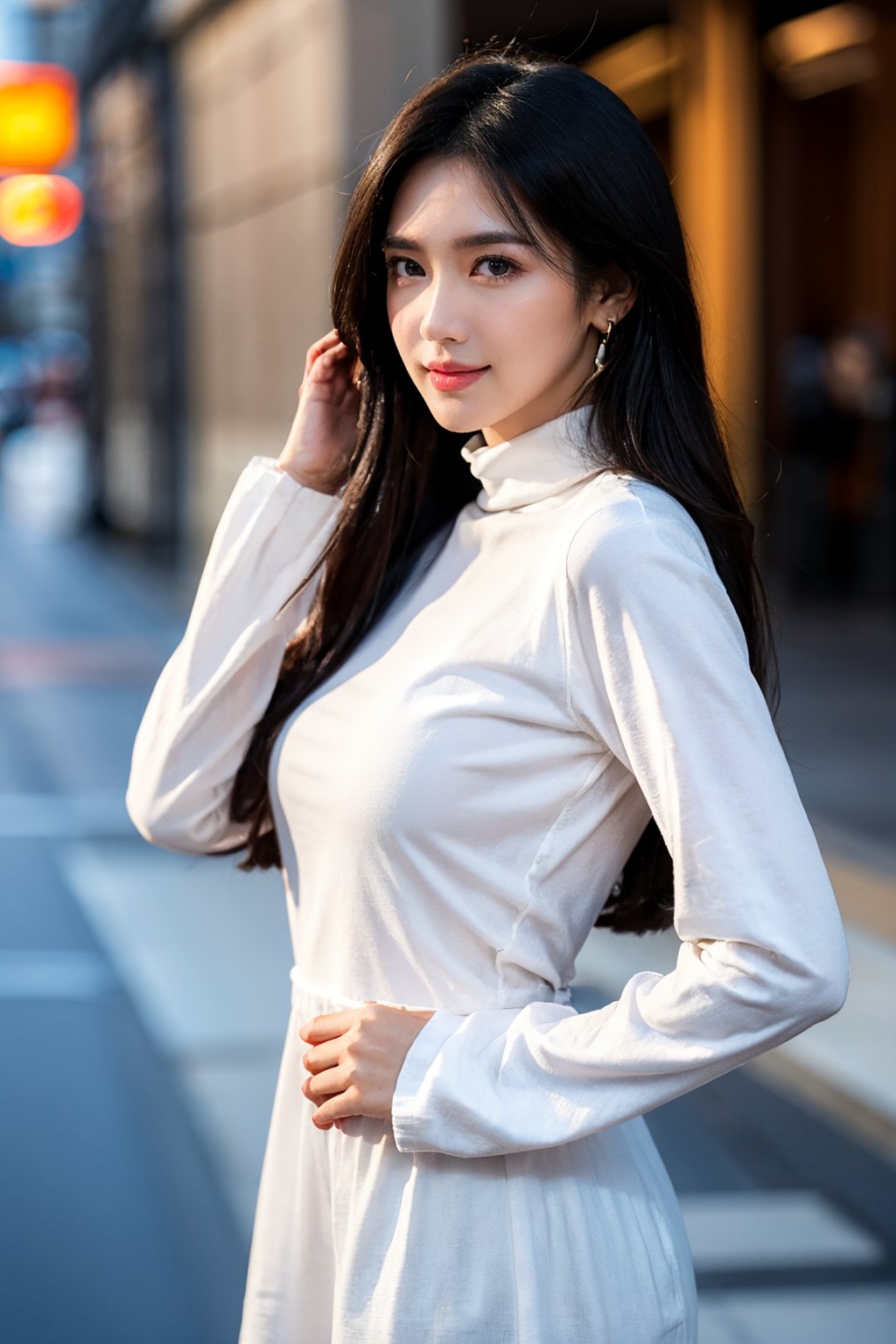 background is New York,street, 1 girl, beautiful korean girl, big eyes, wearing tight black dress(turtle neck,simple,long sleeves), black long boots, shy smile, solo, beautiful and detailed eyes, dark eyes, big breasts, calm expression, delicate facial features, ((model pose)), Glamor body type, (dark hair:1.2), simple tiny earrings, simple tiny necklace, very_long_hair, hair past hip, bangs, curly hair, flim grain, realhands, masterpiece, Best Quality, 16k, photorealistic, ultra-detailed, finely detailed, high resolution, perfect dynamic composition, beautiful detailed eyes, eye smile, ((nervous and embarrassed)), sharp-focus, full_body, cowboy_shot<lora:Angelkaramoy:0.7>AK