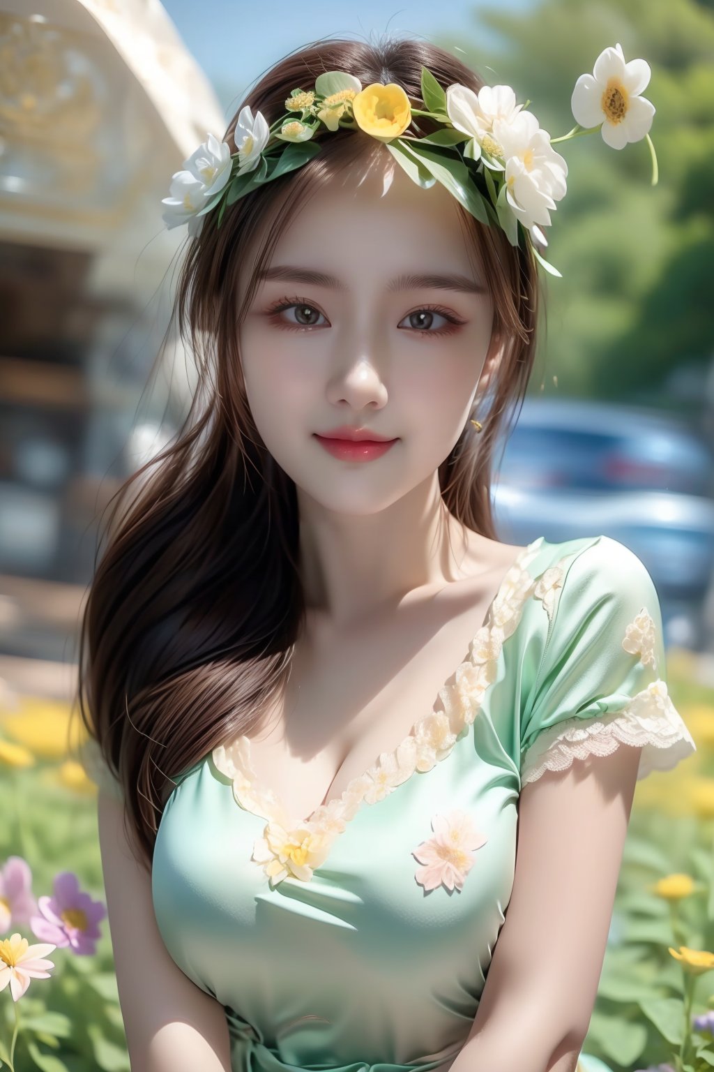 1girl, solo, breasts, looking at viewer, smile, brown hair, dress, brown eyes, flower, short sleeves, outdoors, lips, realistic, holding flower, head wreath<lora:EMS-179-EMS:0.700000>, <lora:EMS-1093-EMS:0.700000>, <lora:EMS-348591-EMS:0.900000>
