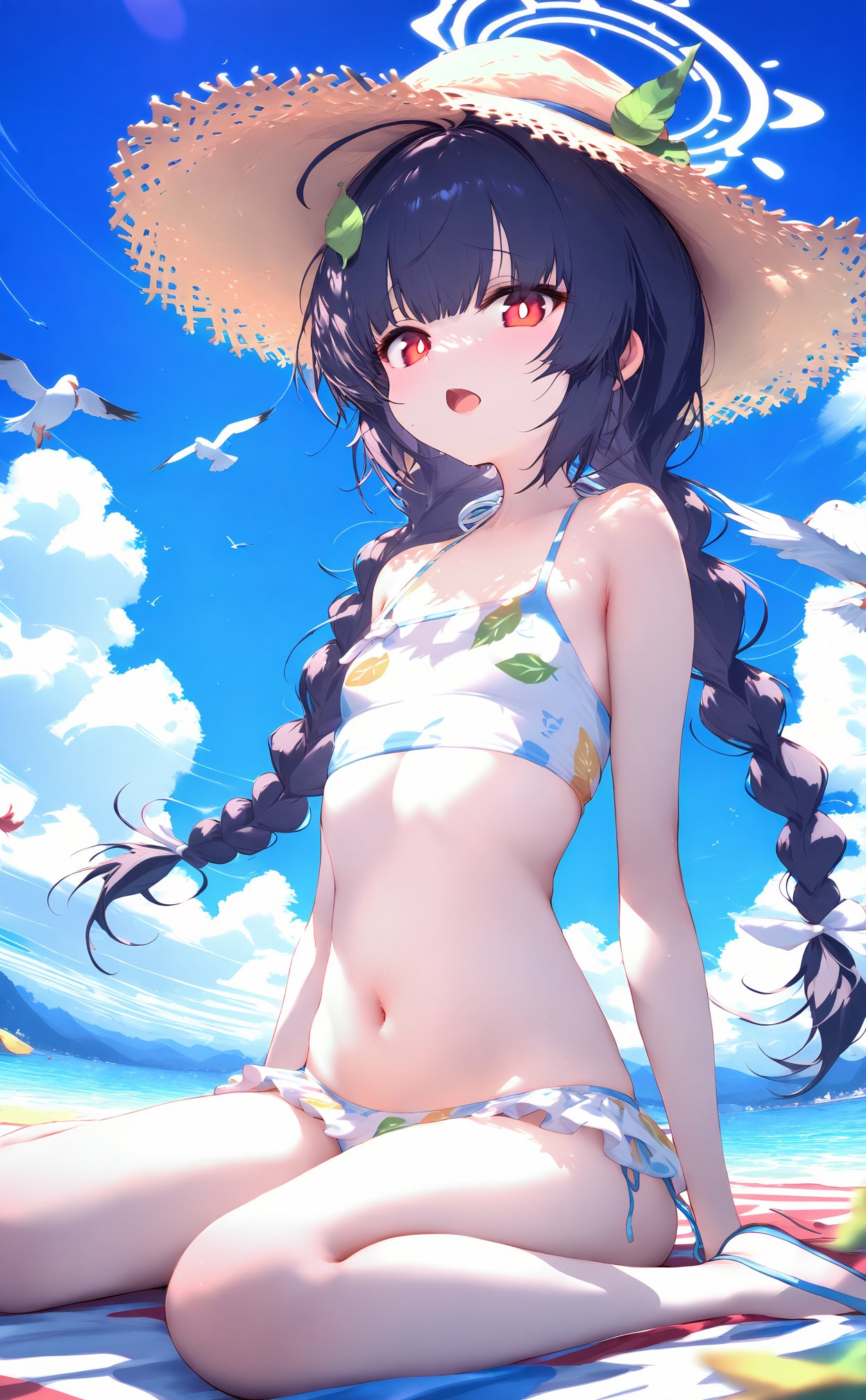 masterpiece,best quality,high quality,(colorful),nai3 Style,1girl,miyu (swimsuit) (blue archive),miyu (blue archive),hat,swimsuit,official alternate costume,halo,bird,bikini,braid,solo,navel,black hair,twin braids,seagull,straw hat,red eyes,long hair,white bikini,sitting,leaf print,looking at viewer,open mouth,leaf,leaf on head,outdoors,ahoge,flat chest,sky,print bikini,wariza,bright pupils,blue sky,stomach,white pupils,day,cloud,loli,bare shoulders,