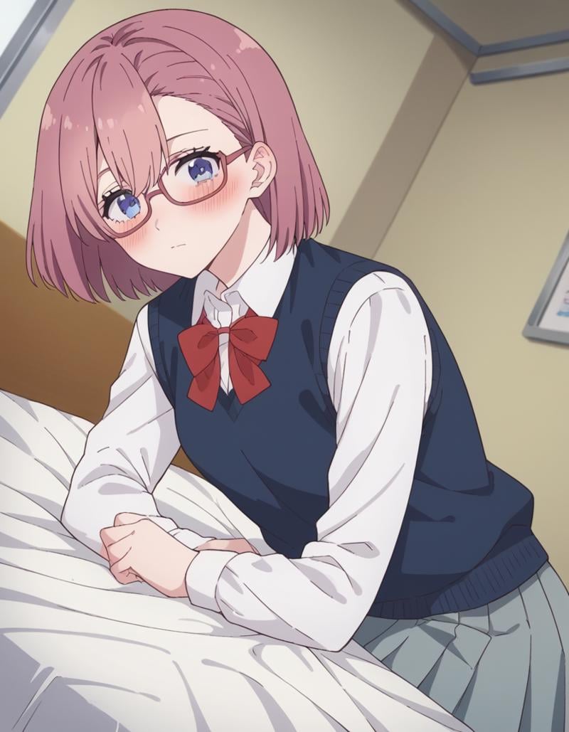 score_9, score_8_up, score_7_up, source_anime, <lora:ririsa-amano-s1-ponyxl-lora-nochekaiser:1>, ririsa amano, short hair, glasses, blue eyes, pink hair, bangs,, skirt, bow, school uniform, jacket, pleated skirt, grey skirt, sweater vest, collared shirt,, indoors, bed, bed room, on side, blush, drunk, looking at viewer, solo,, cowboy shot, dutch angle