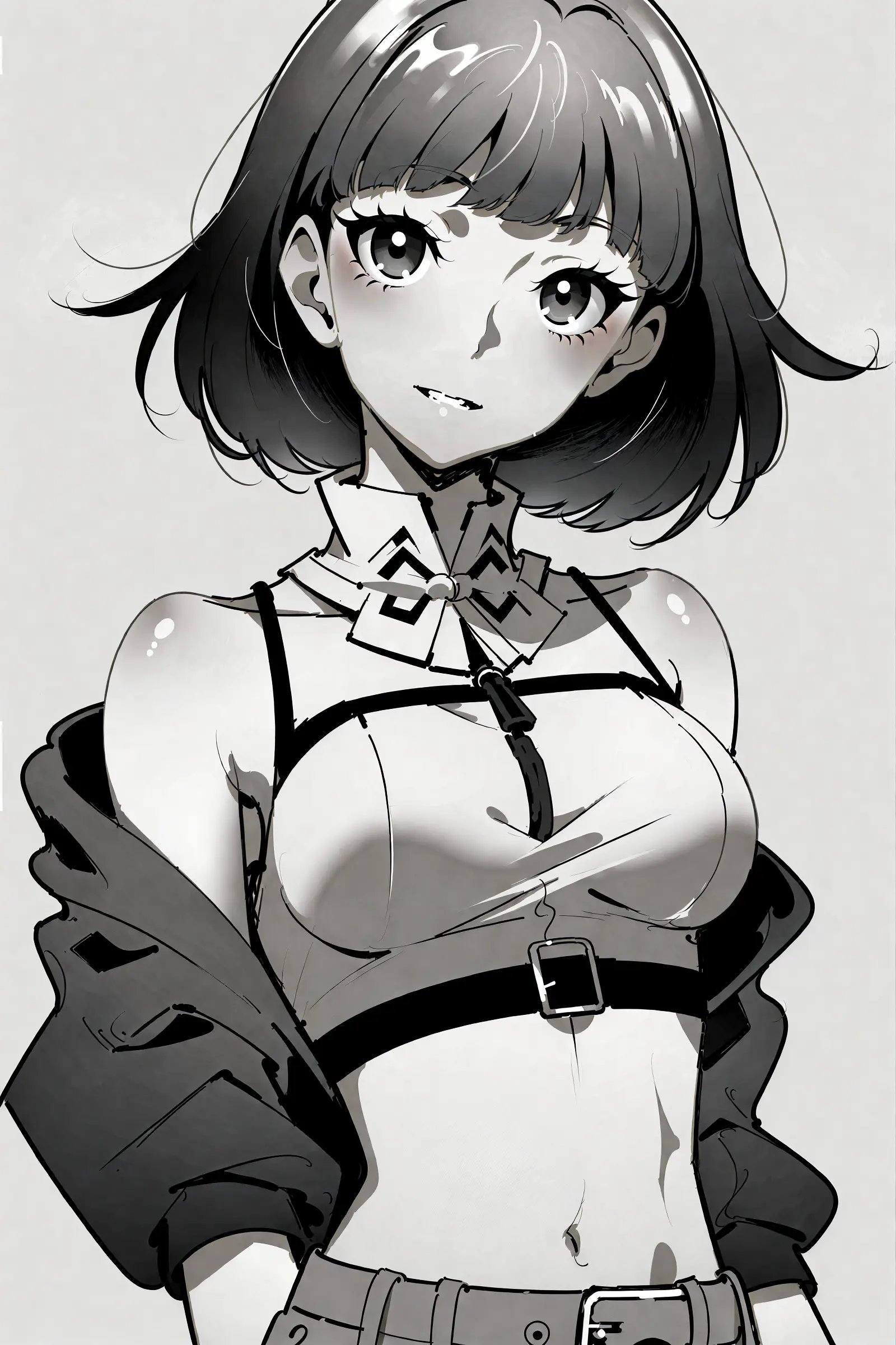 best quality, masterpiece, hyper detailed, by yoneyama mai, 1girl, solo, red eyes, monochrome, navel, looking at viewer, short hair, spot color, greyscale, white background, parted lips, simple background, breasts, midriff, bare shoulders, jacket, off shoulder