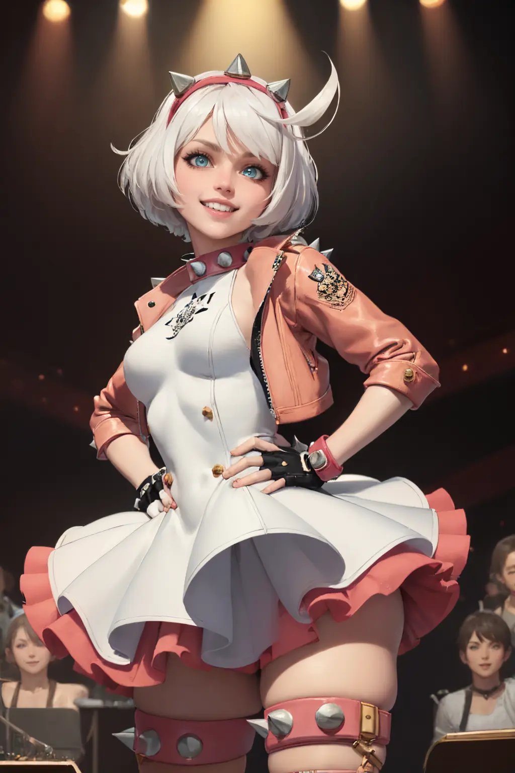 (masterpiece, best quality:1.2), solo, 1girl, striveelphelt, grin, looking at viewer, hands on hips, ahoge, hairband, jacket, dress, fingerless gloves, thighhighs, spiked collar, spiked bracelet, concert, spotlight <lora:guiltygear_strive_elphelt_v11-10:1>