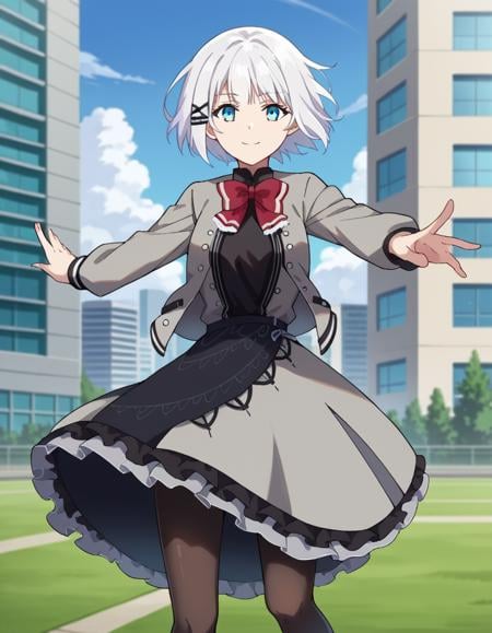 score_9, score_8_up, score_7_up, source_anime,siesta, <lora:siesta-ponyxl-lora-nochekaiser:1>,siesta, short hair, bangs, blue eyes, hair ornament, white hair, hairclip, smile,dress, bow, bowtie, red bow, red bowtie, shirt, long sleeves, jacket, pantyhose, frills, shoes, grey jacket, open clothes, black shirt,outdoors, cityscape,looking at viewer, cowboy shot, dynamic pose,