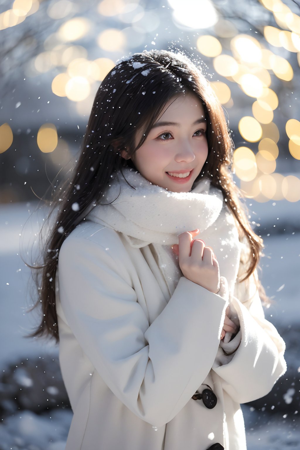 1girl,(snow:1.2),(snowing:1.2),snow,solo,scarf,long hair,smile,brown hair,bokeh,realistic,coat,blurry,sense of atmosphere