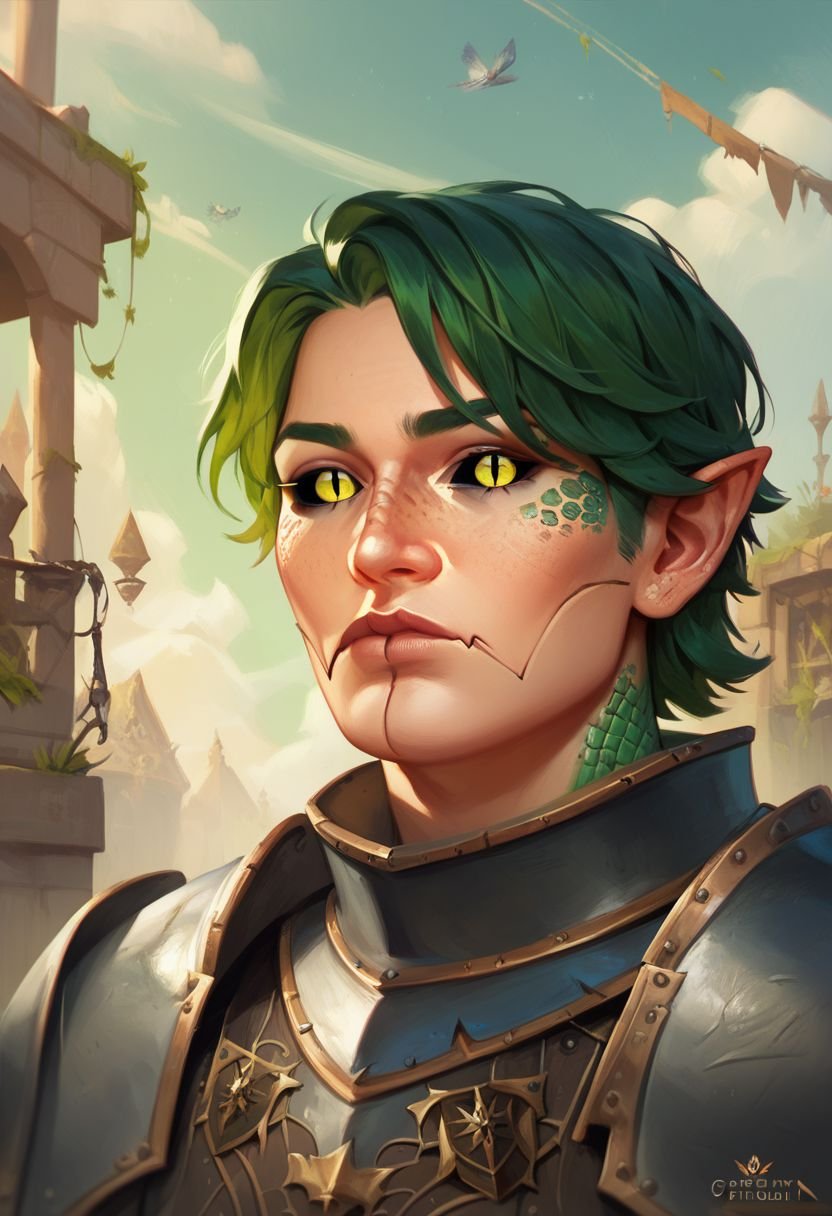 score_9, score_8_up, 8, score_7_up, score_6_up, ((masterpiece)), solo, portrait,gwentstyle,Yuan-ti, black sclera, slit pupils, scales, pointed ears, 1 boy, green hair, white skin, green scales, knight's armor, gray paladin armor,Fantasy ruins of the scenery