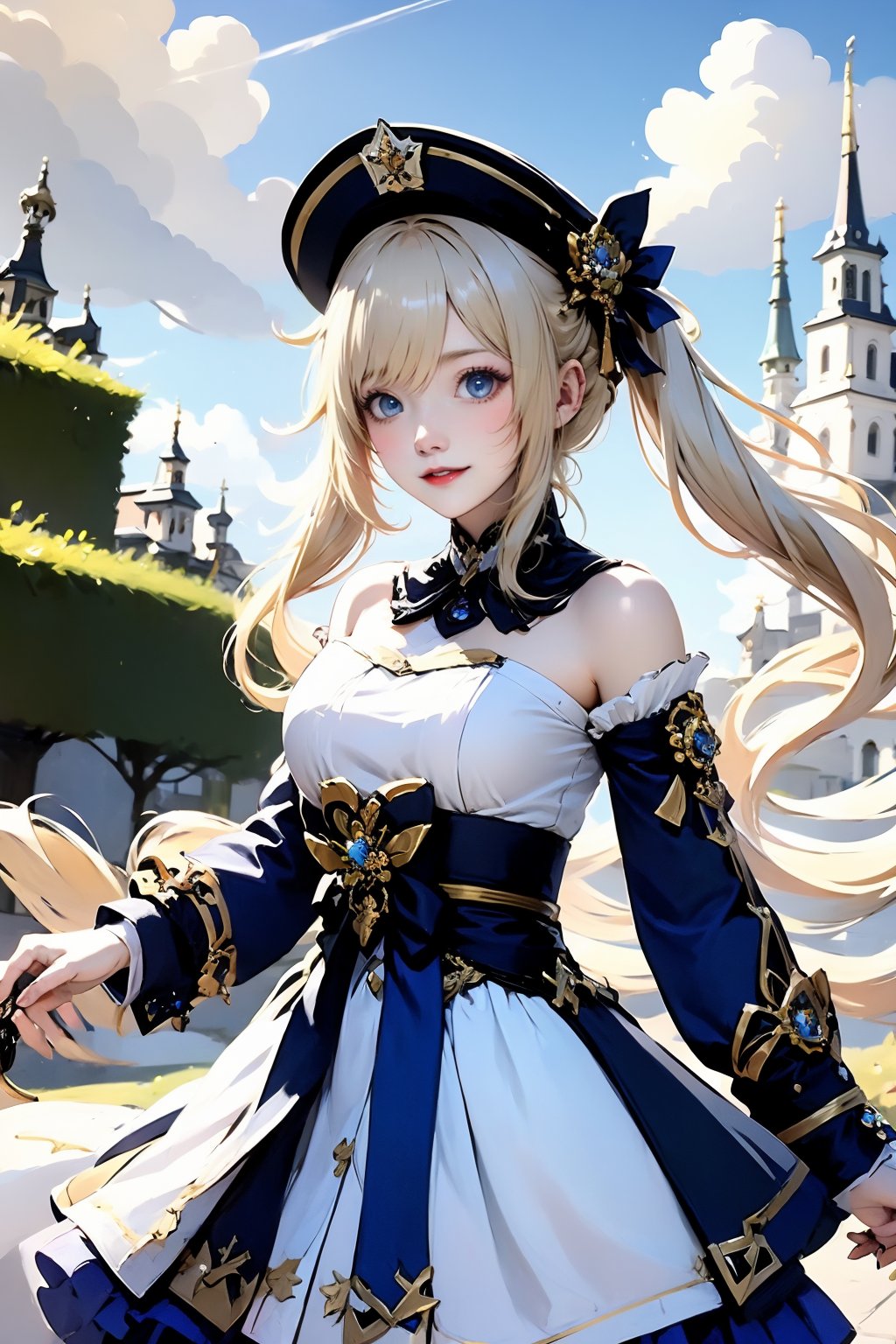 1girl, barbara \(genshin impact\), dress, solo, blue eyes, twintails, white dress, looking at viewer, blonde hair, sky, long sleeves, outdoors, bare shoulders, long hair, white headwear, cloud, blue sky, frills, day, hat, smile, bow, detached sleeves, parted lips, drill hair, frilled dress, hair twirling, book, twin drills, hair ornament, detached collar, castle, breasts, black nails, blush, cloudy sky, sidelocks, holding, off-shoulder dress, nail polish, lips, cowboy shot, belt, playing with own hair, medium breasts, strapless, white sleeves, strapless dress, bowtie, off shoulder, vision \(genshin impact\), pantyhose, puffy sleeves, architecture, standing