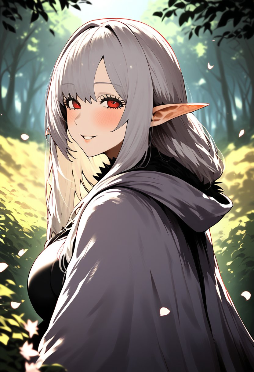 score_9, score_8_up, score_7_up, score_6_up, source_anime, <lora:STS 0.1v:1>,  1girl, pointy ears, solo, red eyes, smile, elf, looking at viewer, white hair, petals, long hair, upper body, outdoors, cloak, forest, hood, blush, nature, hooded cloak, cape, shirt, hood down, parted lips, looking back, day, bangs, large breasts,, blurry background, 