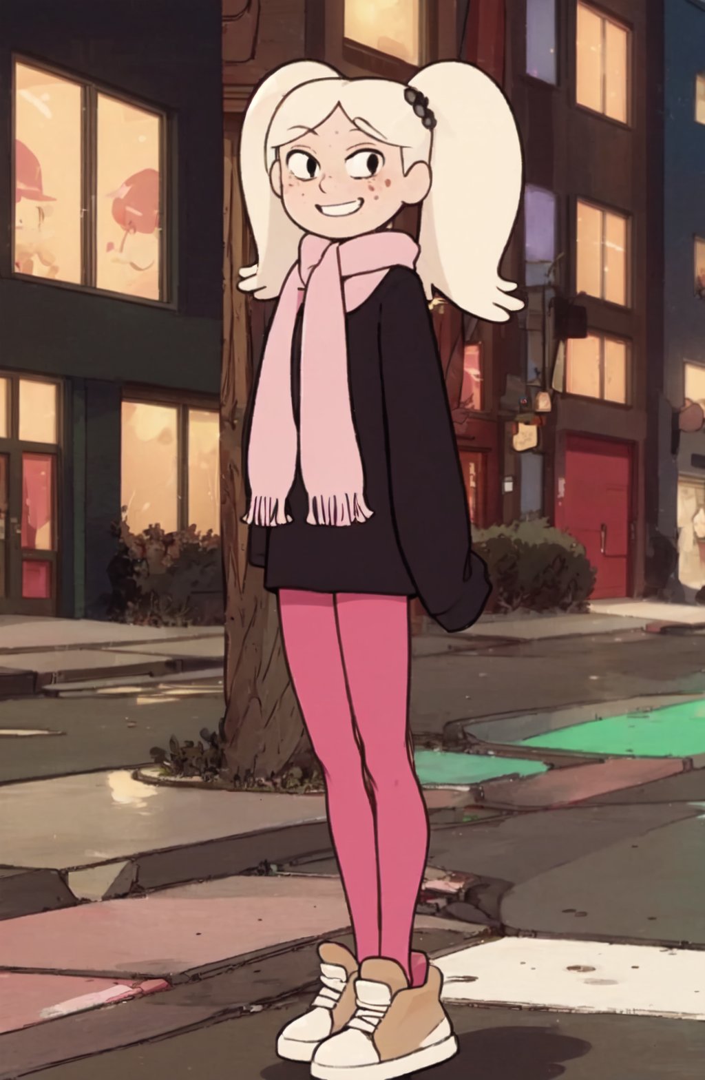 <lora:Marra SD1.5 V1-0:1> Marra, looking at viewer, bangs, blonde hair, long sleeves, twintails, shoes, scarf, black footwear, grin, black eyes, flat chest, sleeves past wrists, sleeves past fingers, freckles, oversized clothes, flat color, pink scarf, (casual outfit), floating, outdoors, street, 