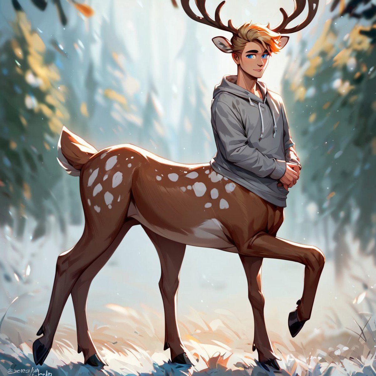 (((beautiful, high quality))), full Body, score_9, score_8_up, score_7_up, Сentaur, Centaur deer, 1male, blue eyes, blond hair, gray hoodie, antlers, brown very,looking at the viewer, posing, blurred background,