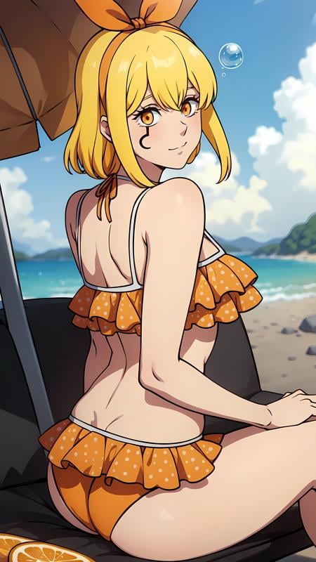 masterpiece, best quality, high resolution, highly detailed, HDR, intricate detail, ultra detailed,BREAK<lora:Lemon Irvine_moewaifu974:0.8>_yellow eyes_yellow hair_ sidelocks_hair ribbon_mark faceBREAK(orange bikini,absolute cleavage_collarbone:1.3)BREAK(from_back:1.3)_ (cowboy_shot:1.4)( Crossed legs:1.5)_ looking_at_viewerBREAKBright sun shines on the sandy beach. Fluffy clouds dot the azure sky above. Waves crash, creating foamy bubbles.(cloud_sky_sunray:1.4)