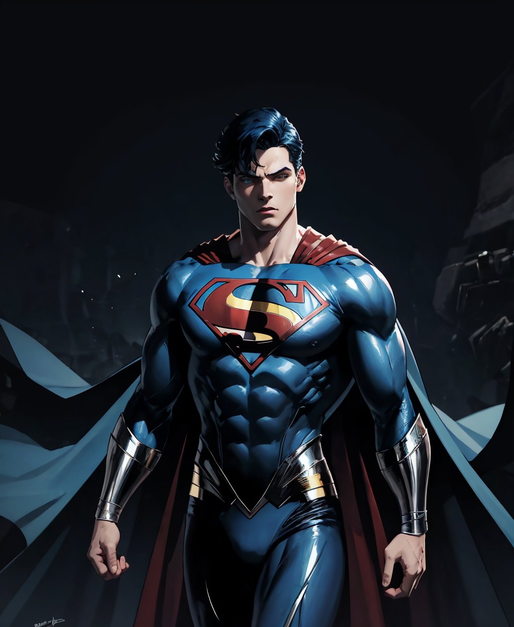 dark theme, superman_oc, 1boy, blue hair, blue eyes,  medium breastsmale focus, muscular, abs, pectorals, muscular male, skin tight, manly, blue bodysuit, covered abs, looking to the side, blue cape, solo, <lora:superman_oc-09:0.8>,  <lora:LowRA:0.8> 