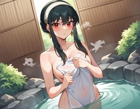 score_9, score_8_up, score_7_up, source_anime,yorbriar, <lora:yor-briar-ponyxl-lora-nochekaiser:1>yor briar, black hair, red eyes, earrings, white hairband, hairband, long hair, sidelocks,nude, naked, outdoors, onsen, towel, naked towel, steam, bathing, nude cover, partially submerged, water, bath, steam censor, wet towel,looking at viewer, cowboy shot, dutch angle,