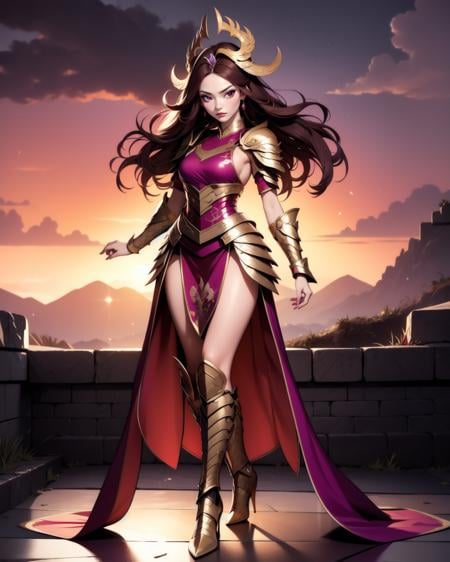 1girl,solo, beautiful adult woman, ((brown hair)) hair high detail, best quality, high quality,  <lora:DragonArmor-66:0.8>, dr4g0n, moody composition,iridescent aura, ((violet magenta))  armor, pauldrons,  greaves, full body,  (headdress), bishop sleeves, Majestic Great Wall under a crimson sunset, feeling of pride and nostalgia, empty and reflective, awaiting Spring Festival, high resolution. 