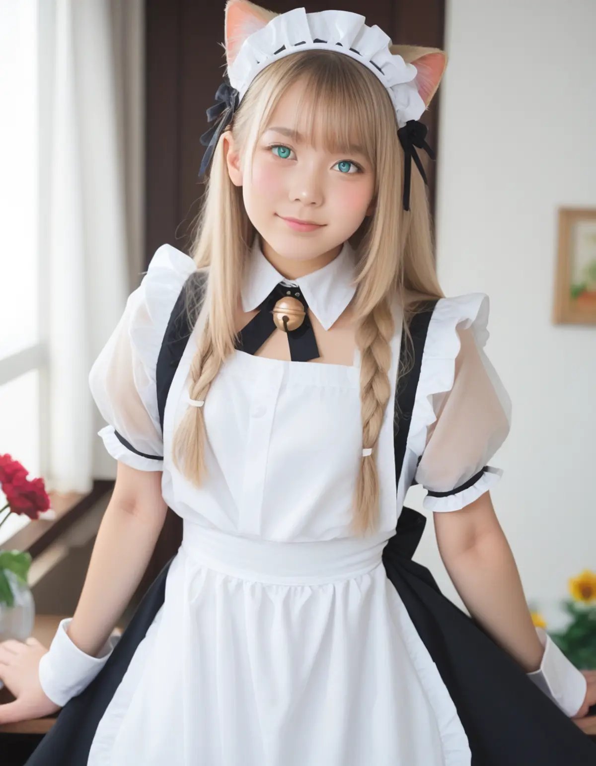 score_9, score_8_up, score_7_up, score_6_up,score_anime, realistic,real,photorealistic,cowboy shot, , 1girl, animal ear fluff, animal ears, apron, aqua eyes, bell, blonde hair, blush, braid, cat ears, cat girl, cat tail, closed mouth, dress, eyelashes, flower, grey hair, hair flower, hair ornament, jingle bell, long hair, looking at viewer, maid, maid apron, maid headdress, neck bell, puffy short sleeves, puffy sleeves, see-through, see-through sleeves, short sleeves, smile, solo, tail, white apron