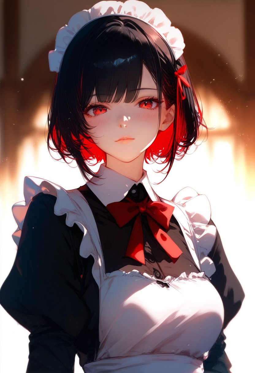 score_9, score_8_up, score_7_up, score_6_up, score_5_up, score_4_up, <lora:style1:1>, style1, 1girl, solo, red eyes, maid, maid headdress, apron, black hair, red ribbon, ribbon, looking at viewer, upper body, colored inner hair, red hair, multicolored hair, long sleeves, closed mouth, short hair, puffy sleeves, bangs, dress, maid apron, blush, neck ribbon, black dress, juliet sleeves, white apron, two-tone hair, collared dress, hair ribbon, frills, bob cut, light particles, frilled apron, blurry